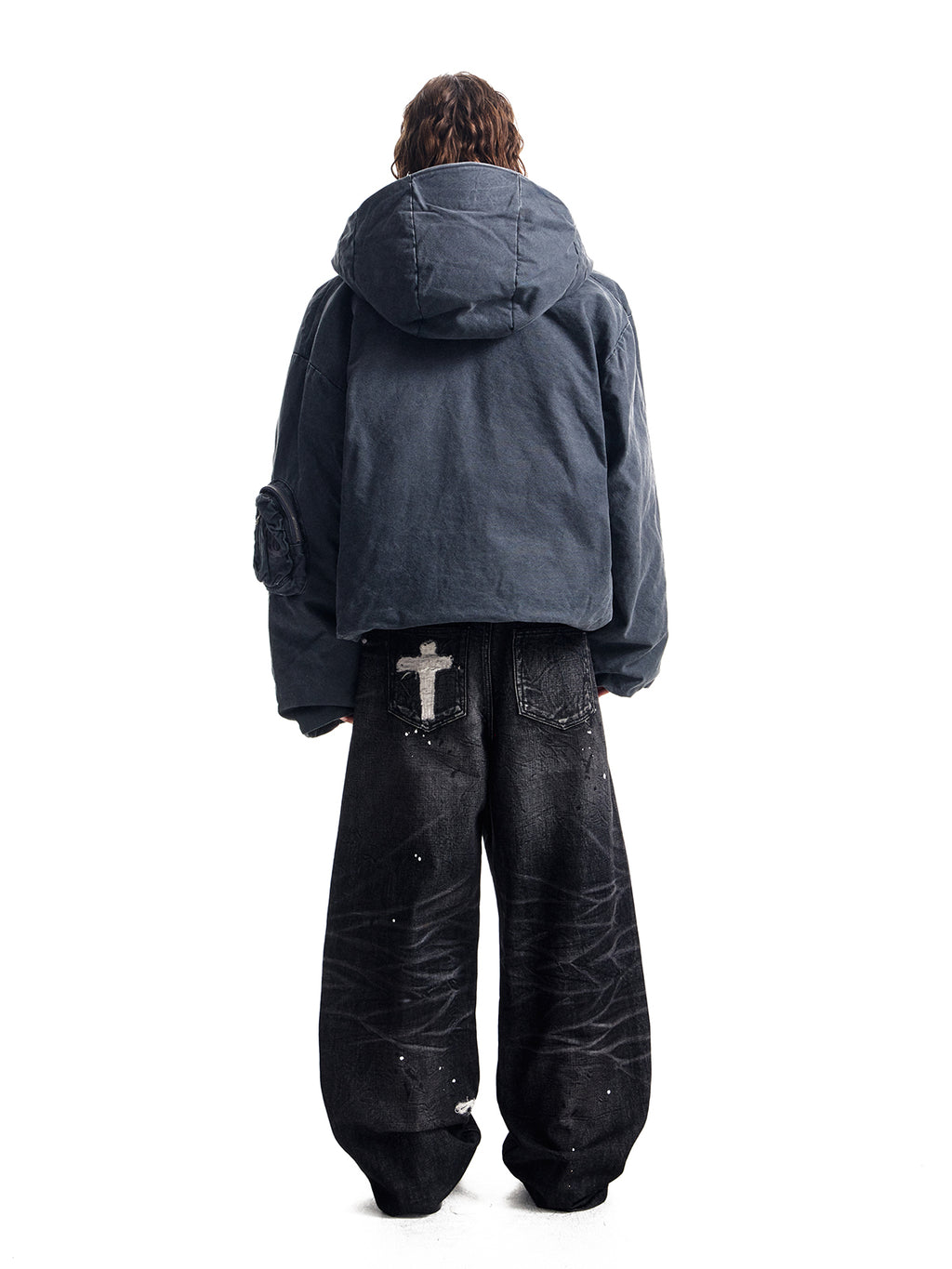 ガソリンブルーのフード付きコットンジャケット、ブレッドジャケット、パールキャンバス、洗濯済み、中古品