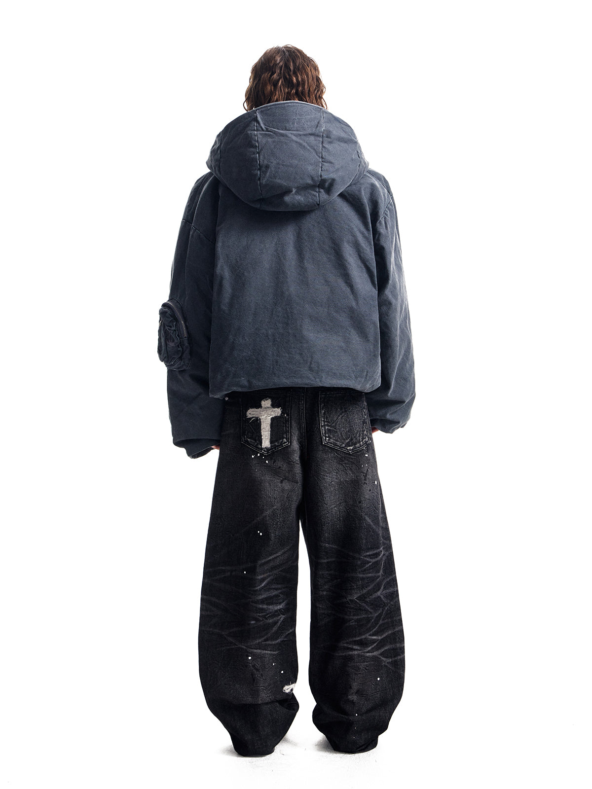 ガソリンブルーのフード付きコットンジャケット、ブレッドジャケット、パールキャンバス、洗濯済み、中古品