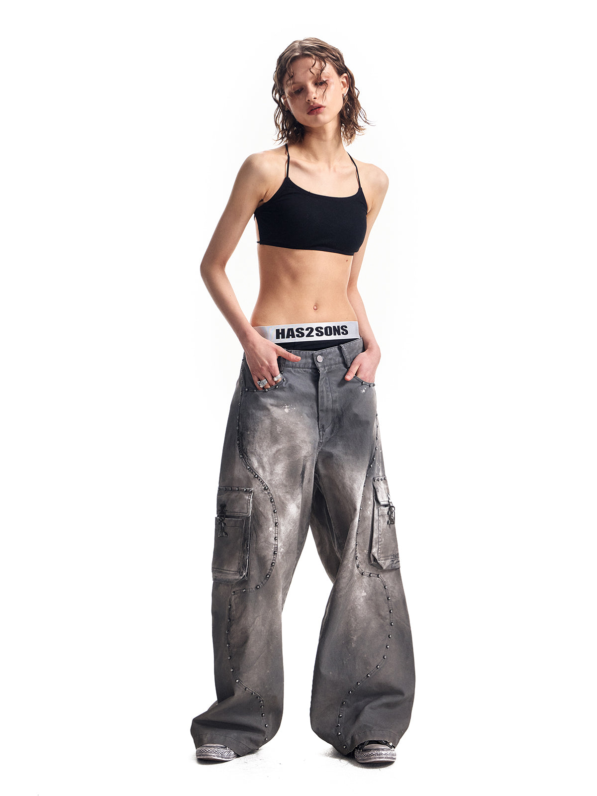 HAS2SONS rivet twill fabric baggy work pants