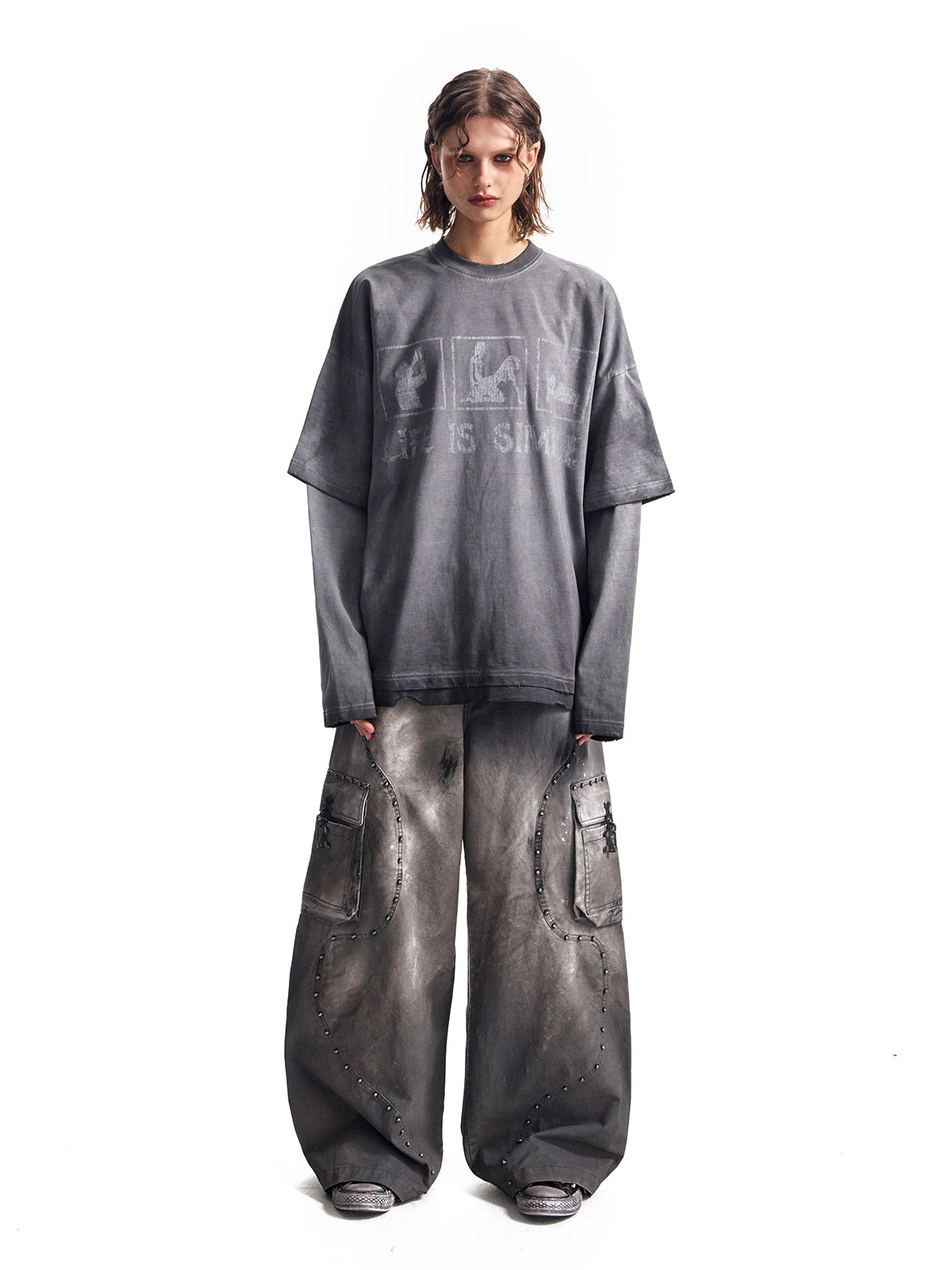 フェイクツー長袖カラーグラデーションルーズトップ