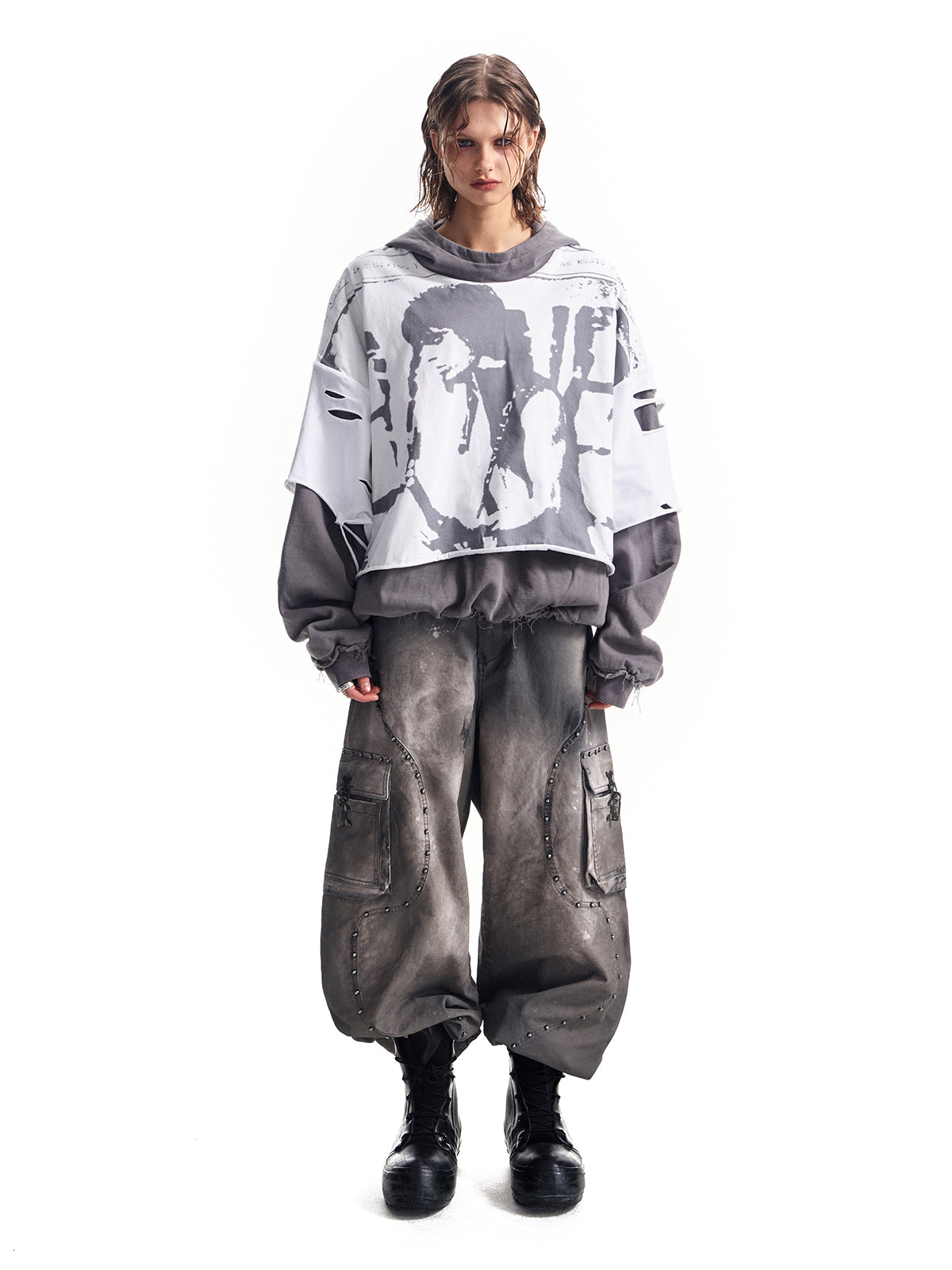 HAS2SONS printed distressed fake two-piece pullover hoodie