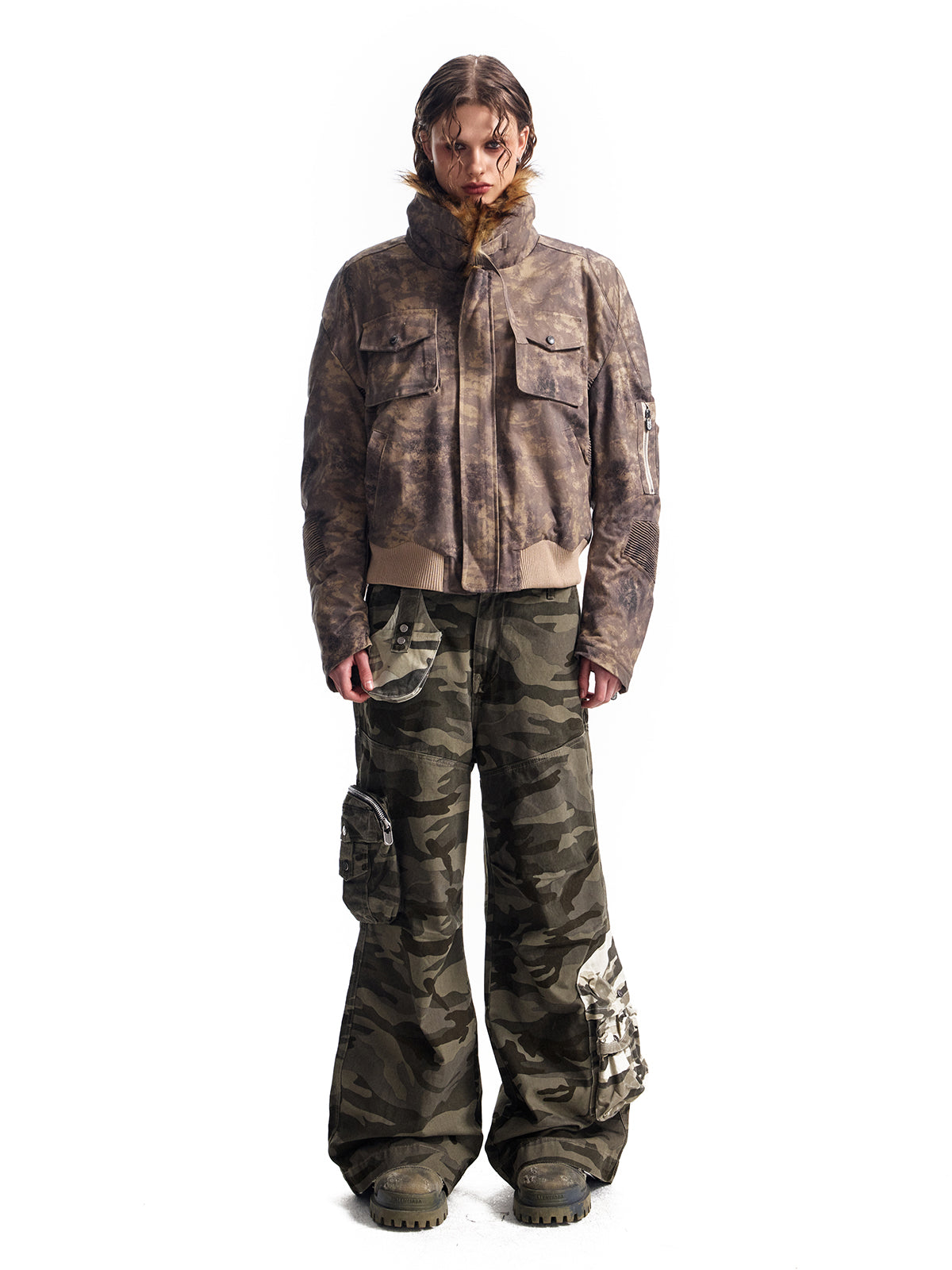 HAS2SONS curved knife short fur collar camouflage jacket bomber