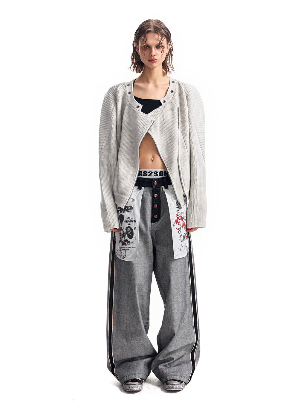 パッチワークデザインのカーディガンピットニットセータージャケット、ダーティダイ加工のダメージジャケット