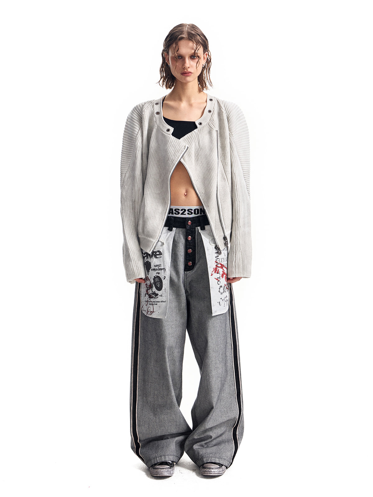 パッチワークデザインのカーディガンピットニットセータージャケット、ダーティダイ加工のダメージジャケット