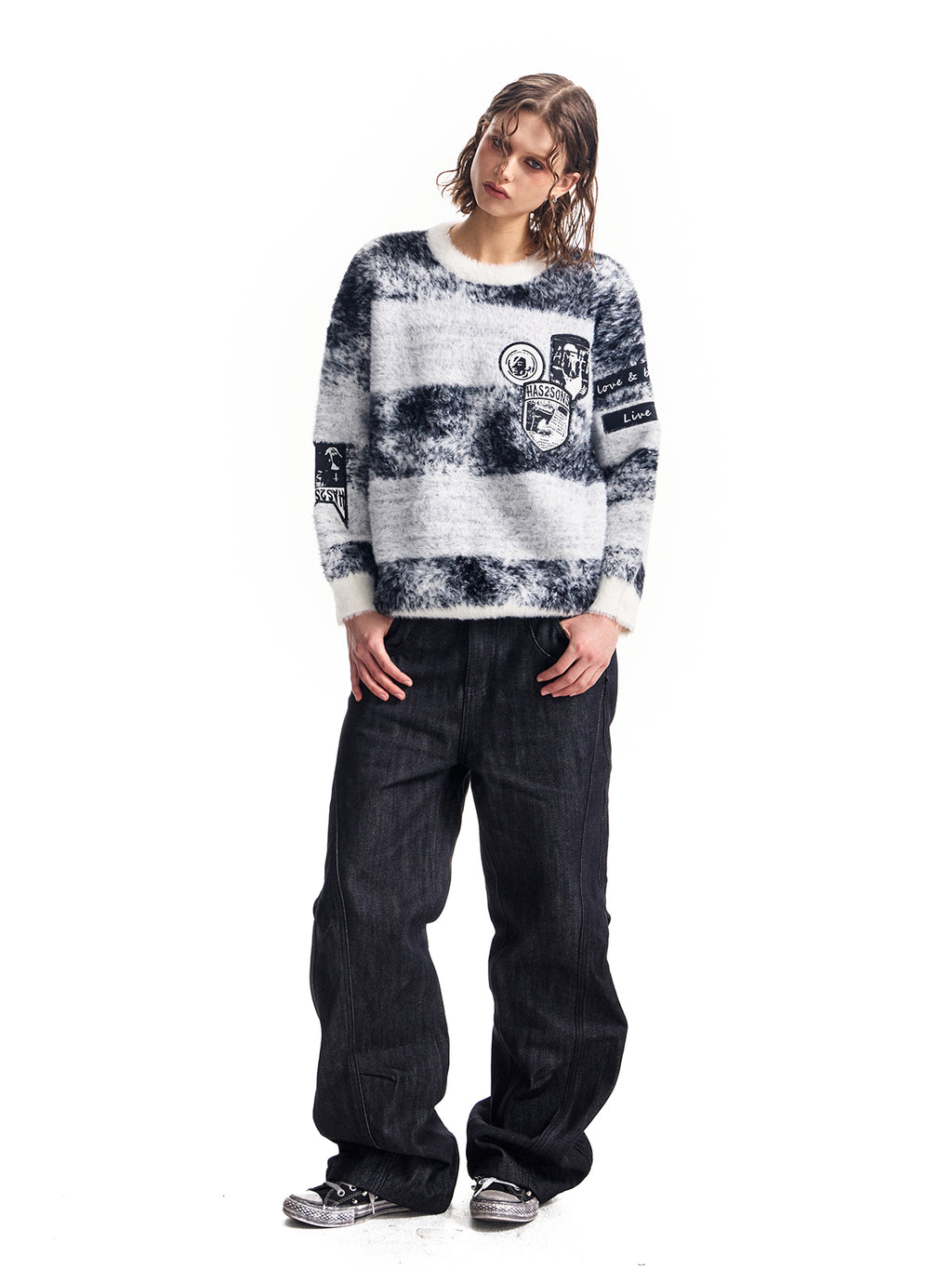 ミンク ウール セーター ストライプ ジャカード ベルベット ニット セーター ジャケット