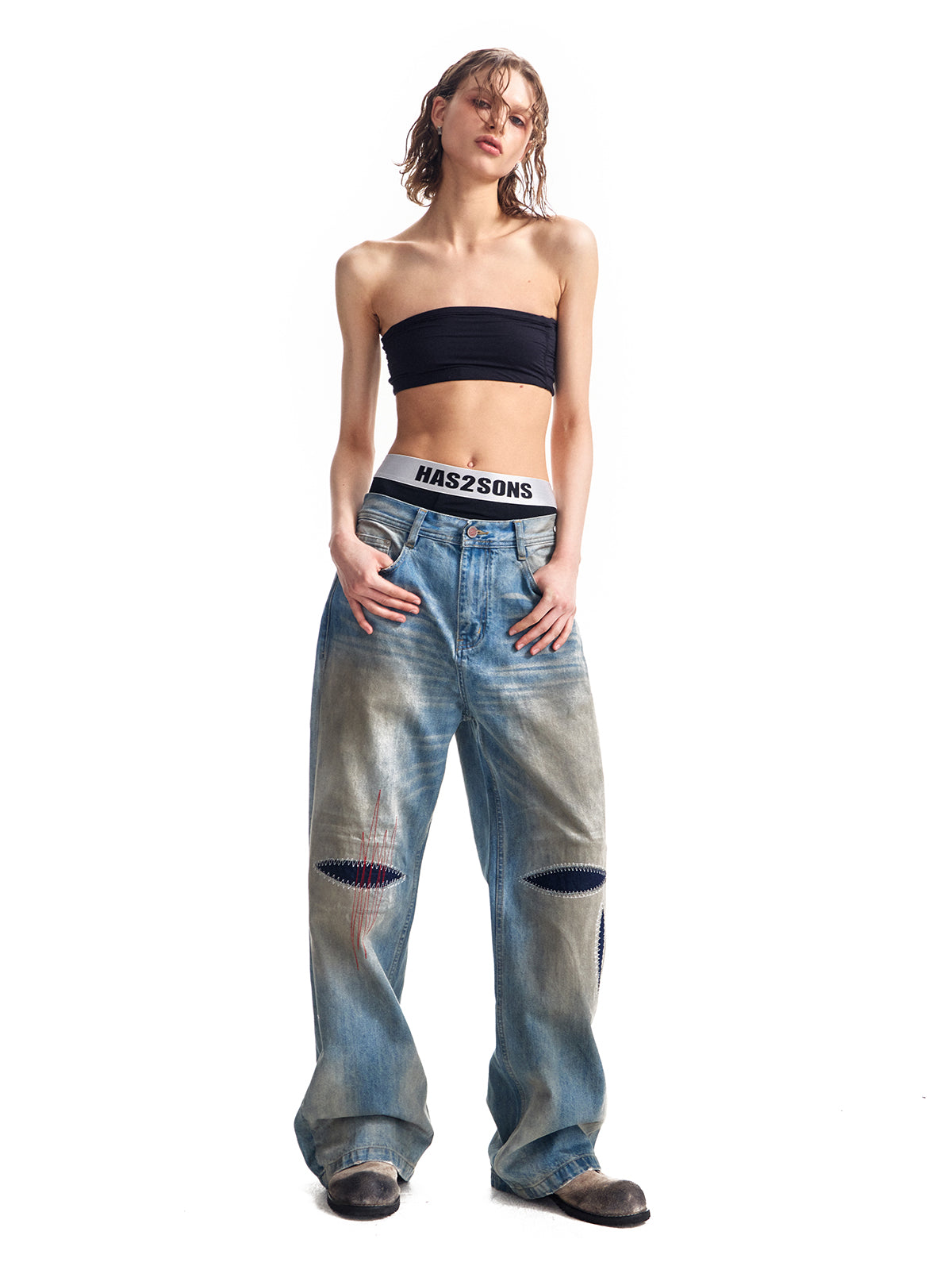 HAS2SONS washed blue straight leg wipe dirty jeans