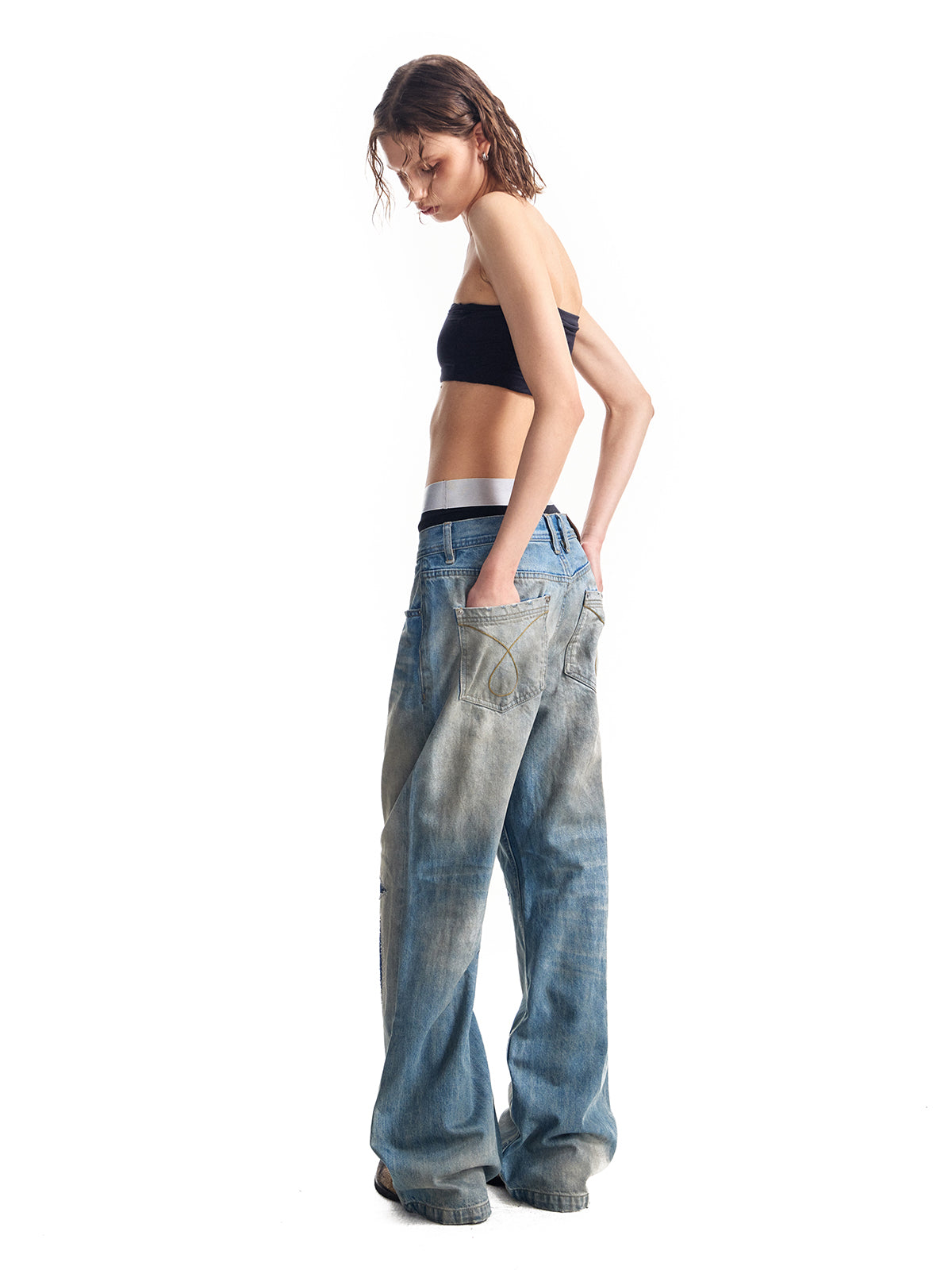 HAS2SONS washed blue straight leg wipe dirty jeans 029
