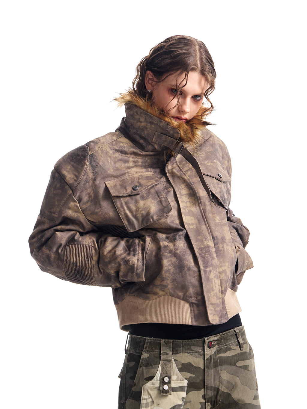 HAS2SONS curved knife short fur collar camouflage jacket bomber