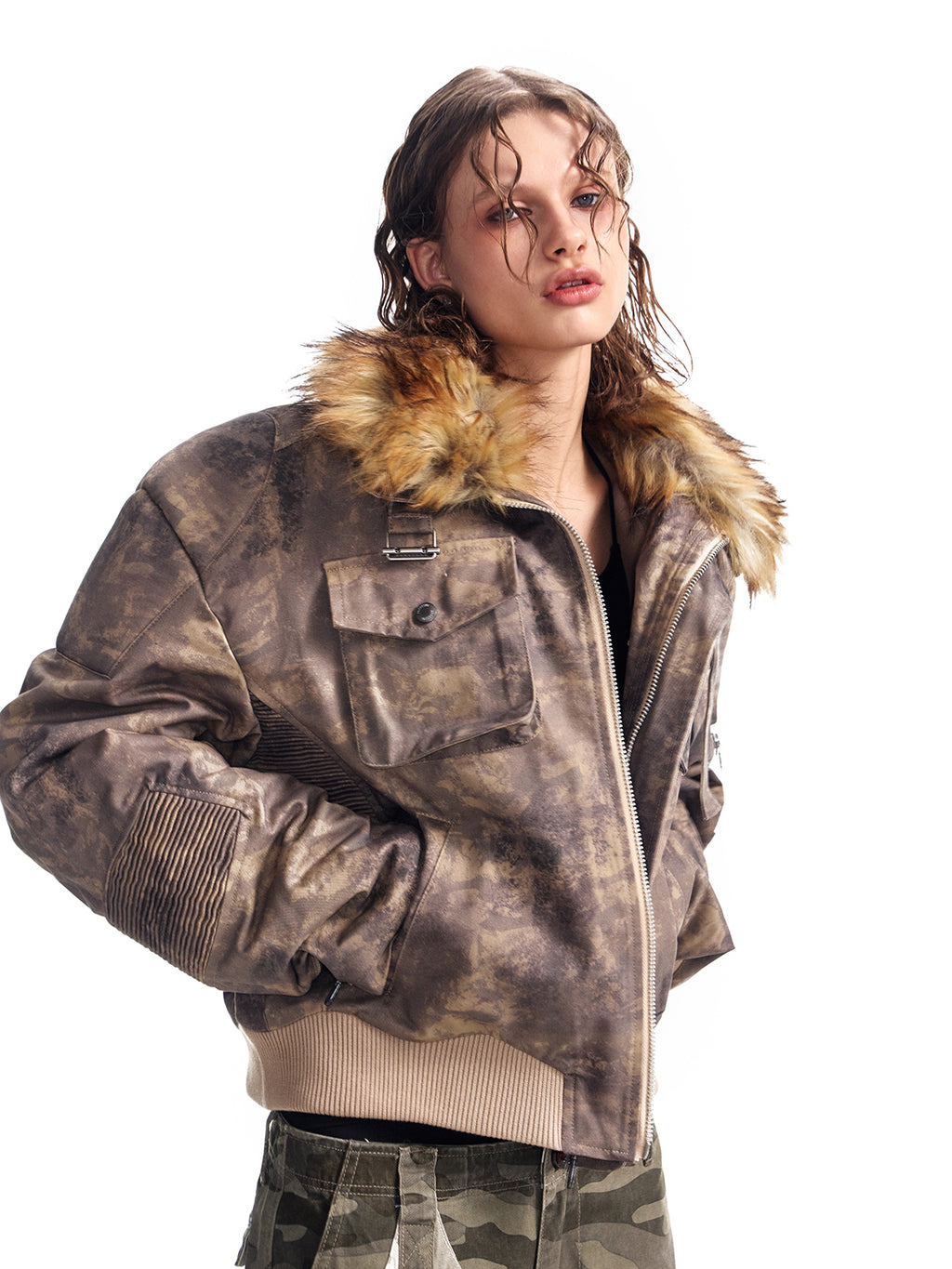 HAS2SONS curved knife short fur collar camouflage jacket bomber