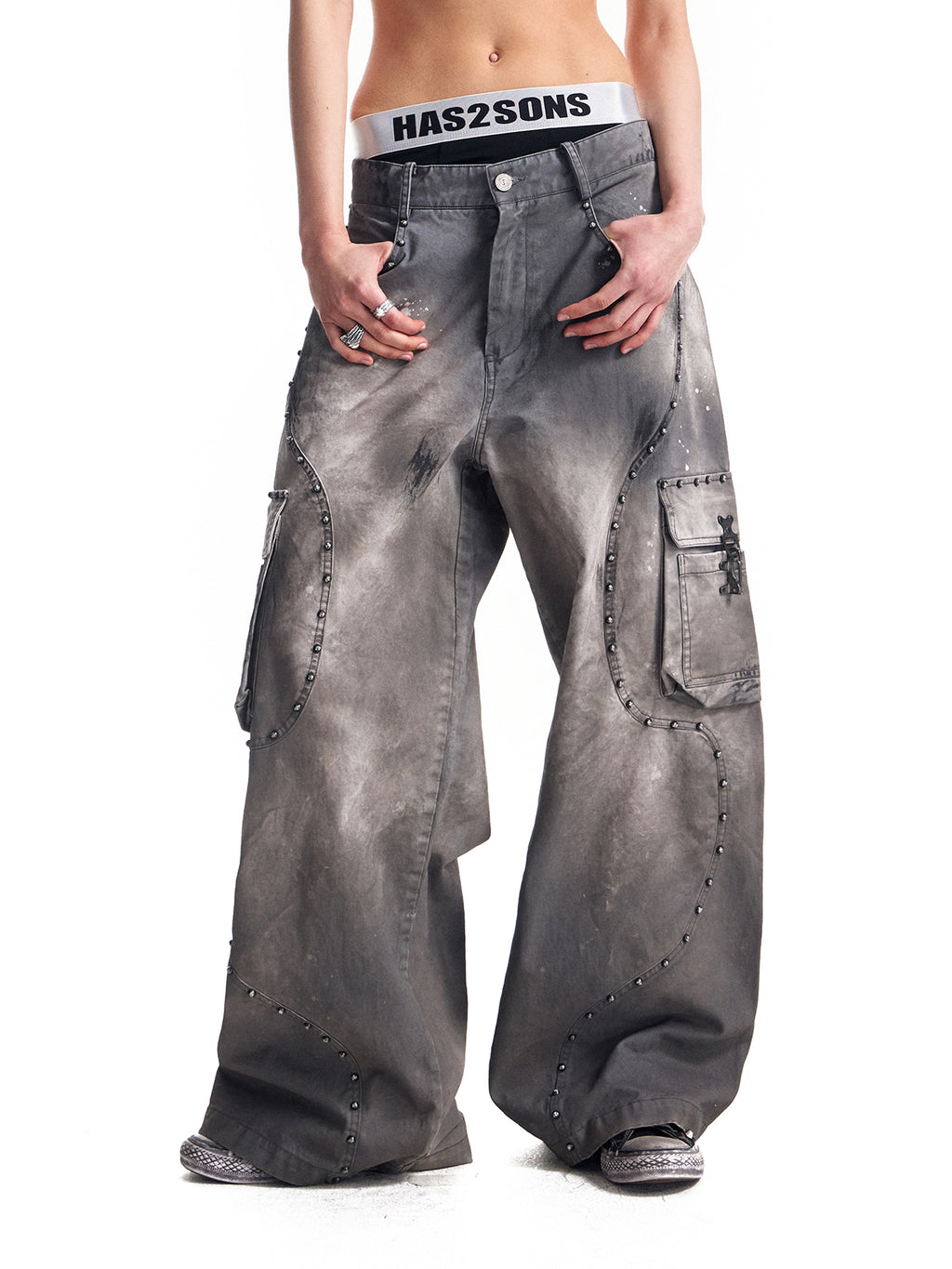 HAS2SONS rivet twill fabric baggy work pants