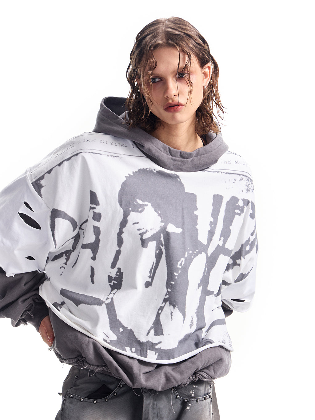 HAS2SONS printed distressed fake two-piece pullover hoodie