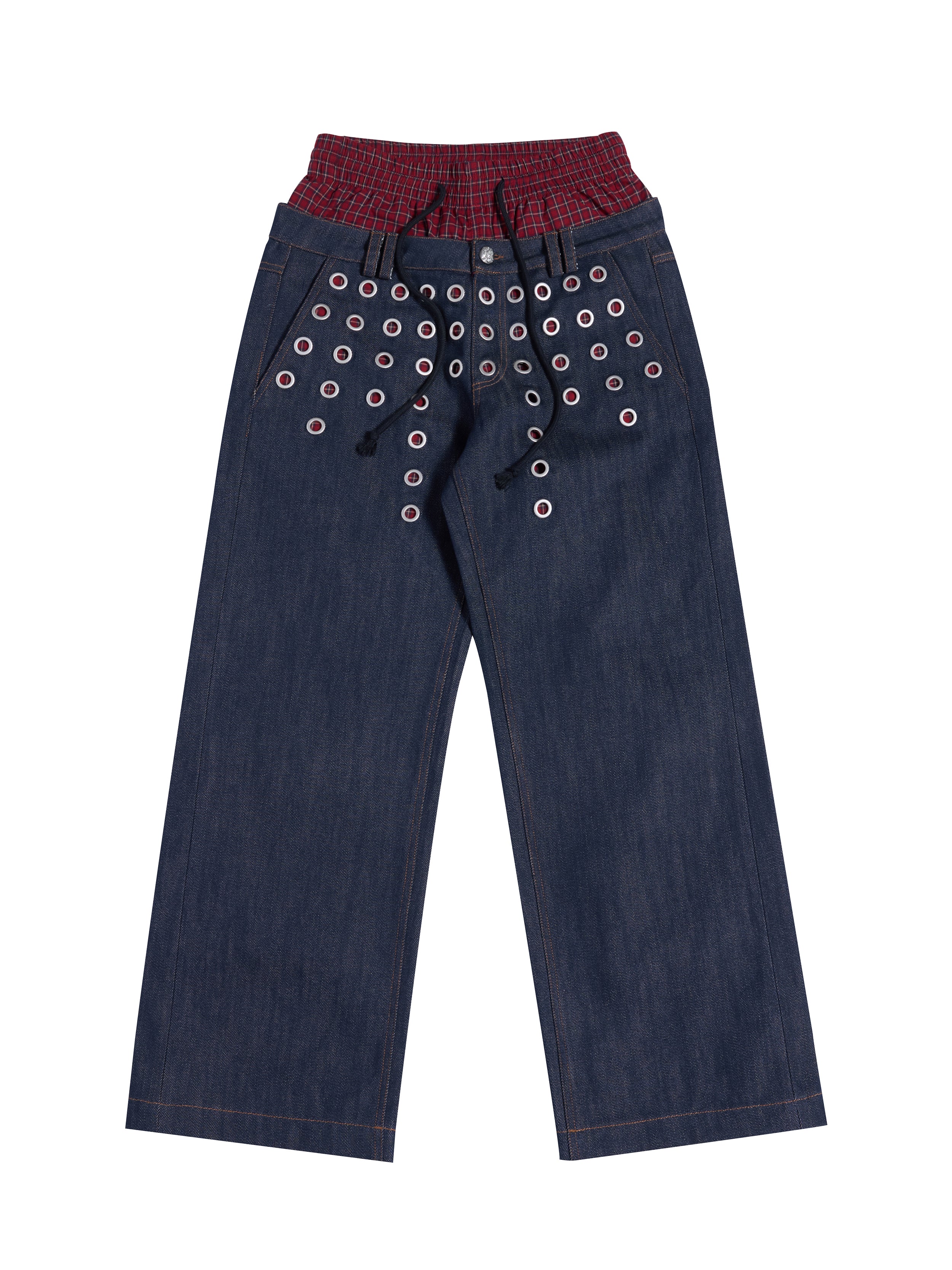 HAS2SONS 26SS Eyelet Dual Waistband Fake Two-Piece 14oz Raw Denim Jeans 087