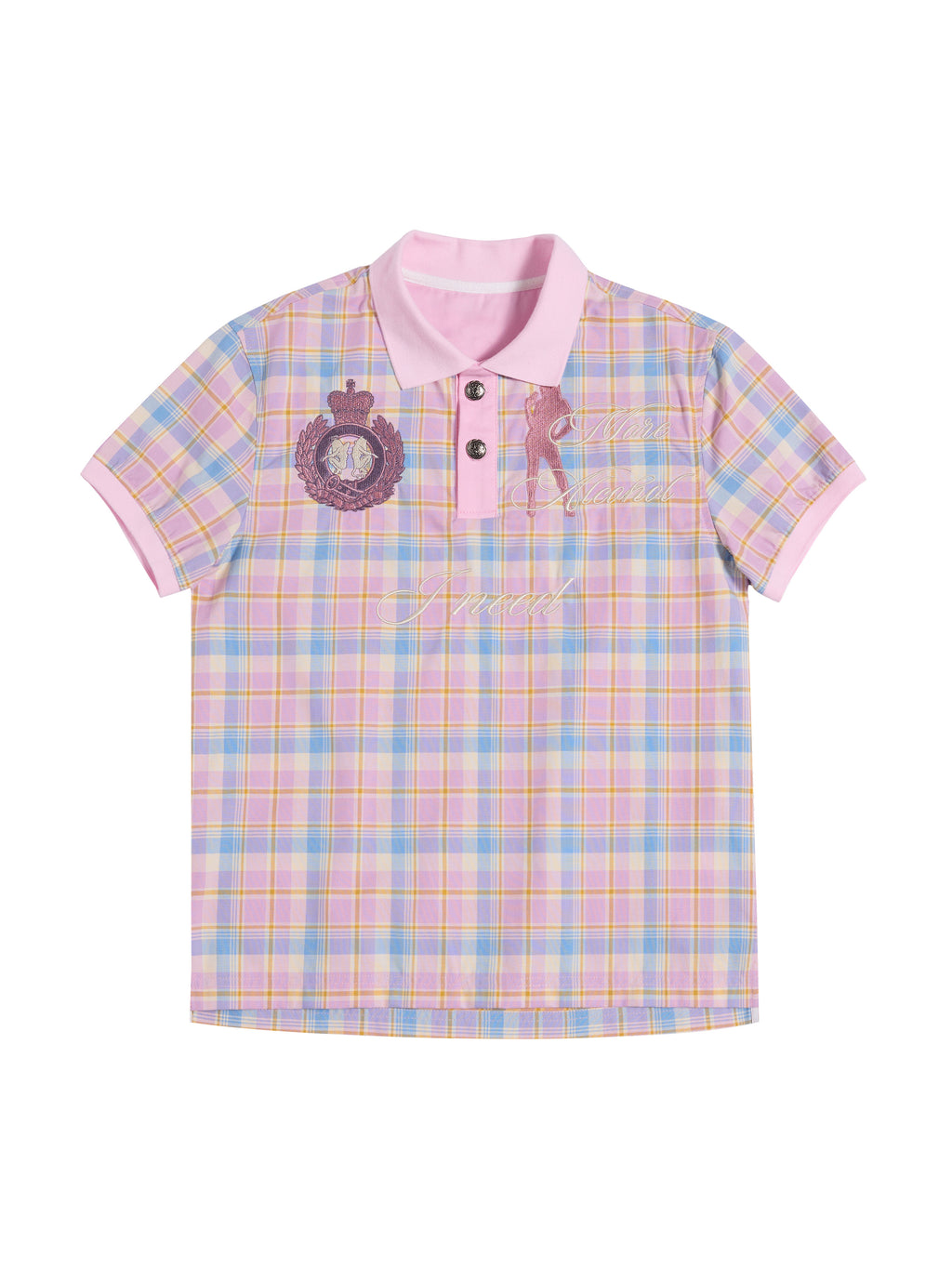 HAS2SONS "Dance Floor High" Pink Plaid Embroidered Printed Polo Shirt 079
