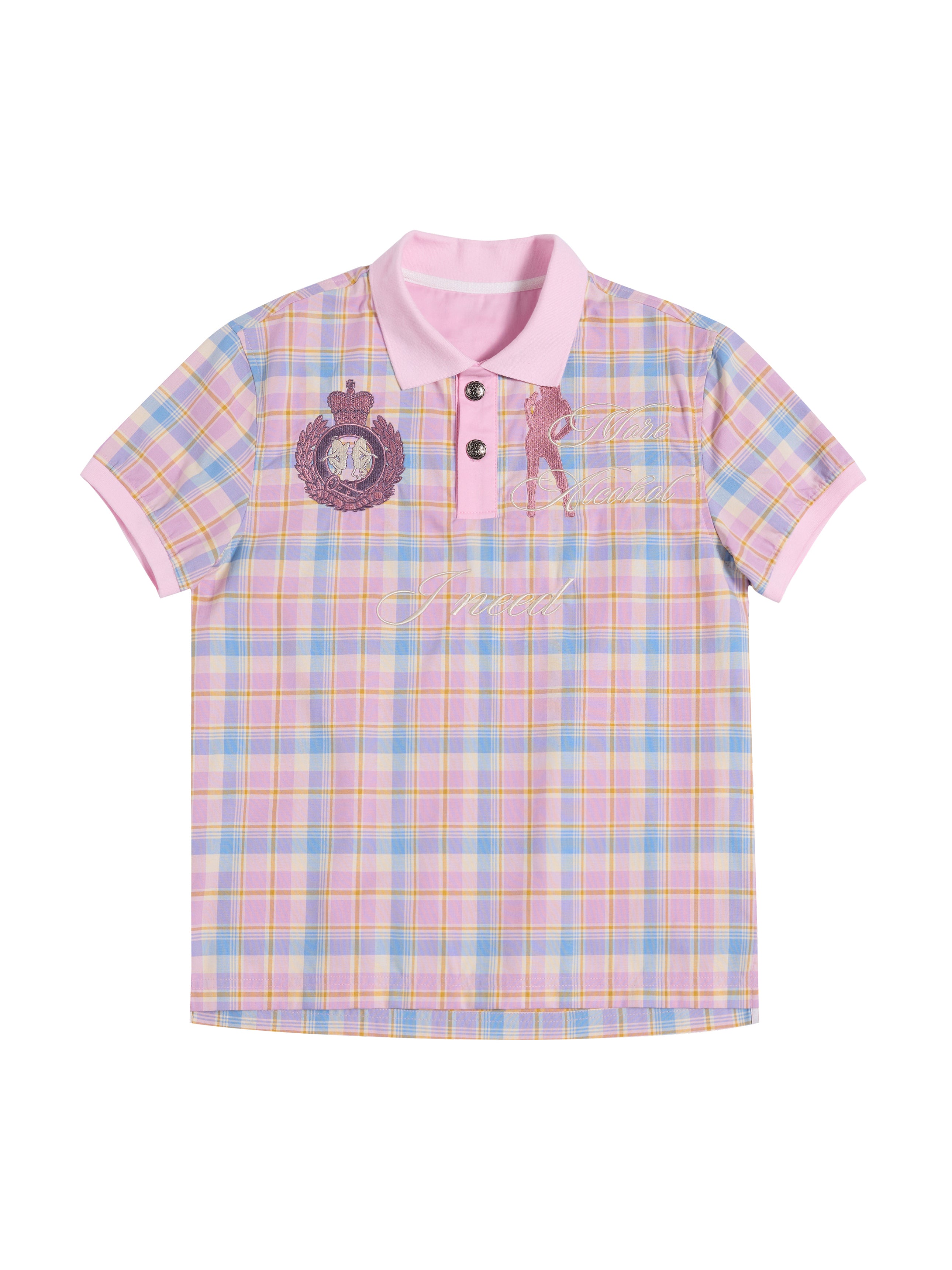 HAS2SONS "Dance Floor High" Pink Plaid Embroidered Printed Polo Shirt 079