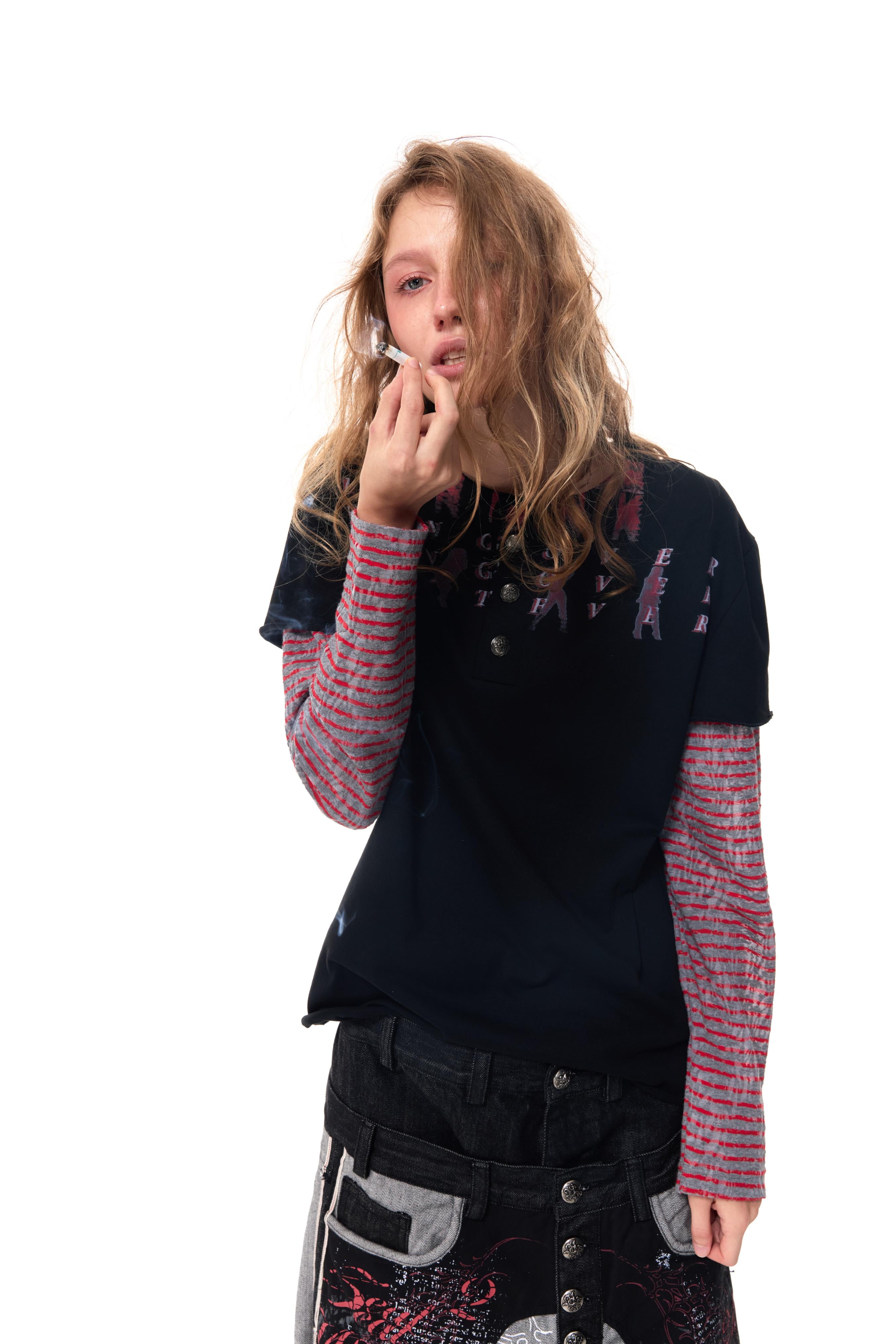 HAS2SONS Fake Two-Piece Print Henley Tee 085