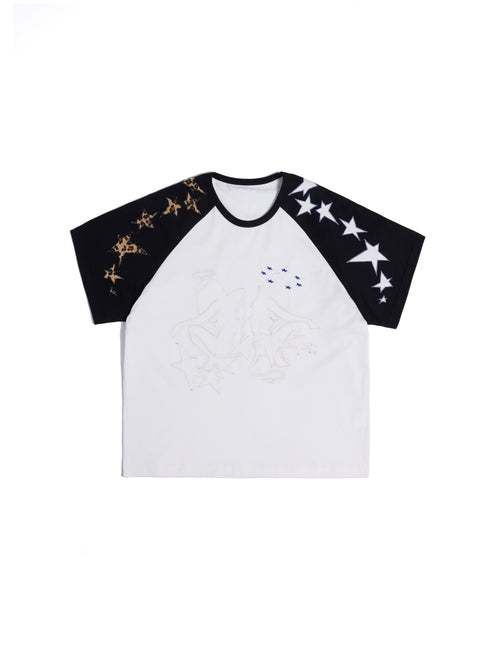 HAS2SONS "Dual Angel" Dual Angel Patch Embroidered Raglan Boxy Tee, Street Loose Fit 091