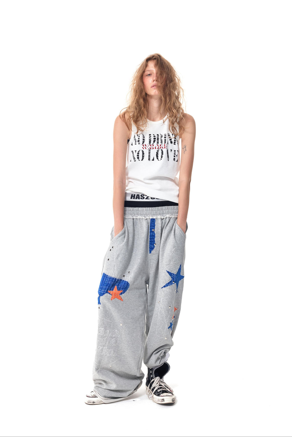 HAS2SONS  Grey Star Patch Rivet Wide Sweatpants 097