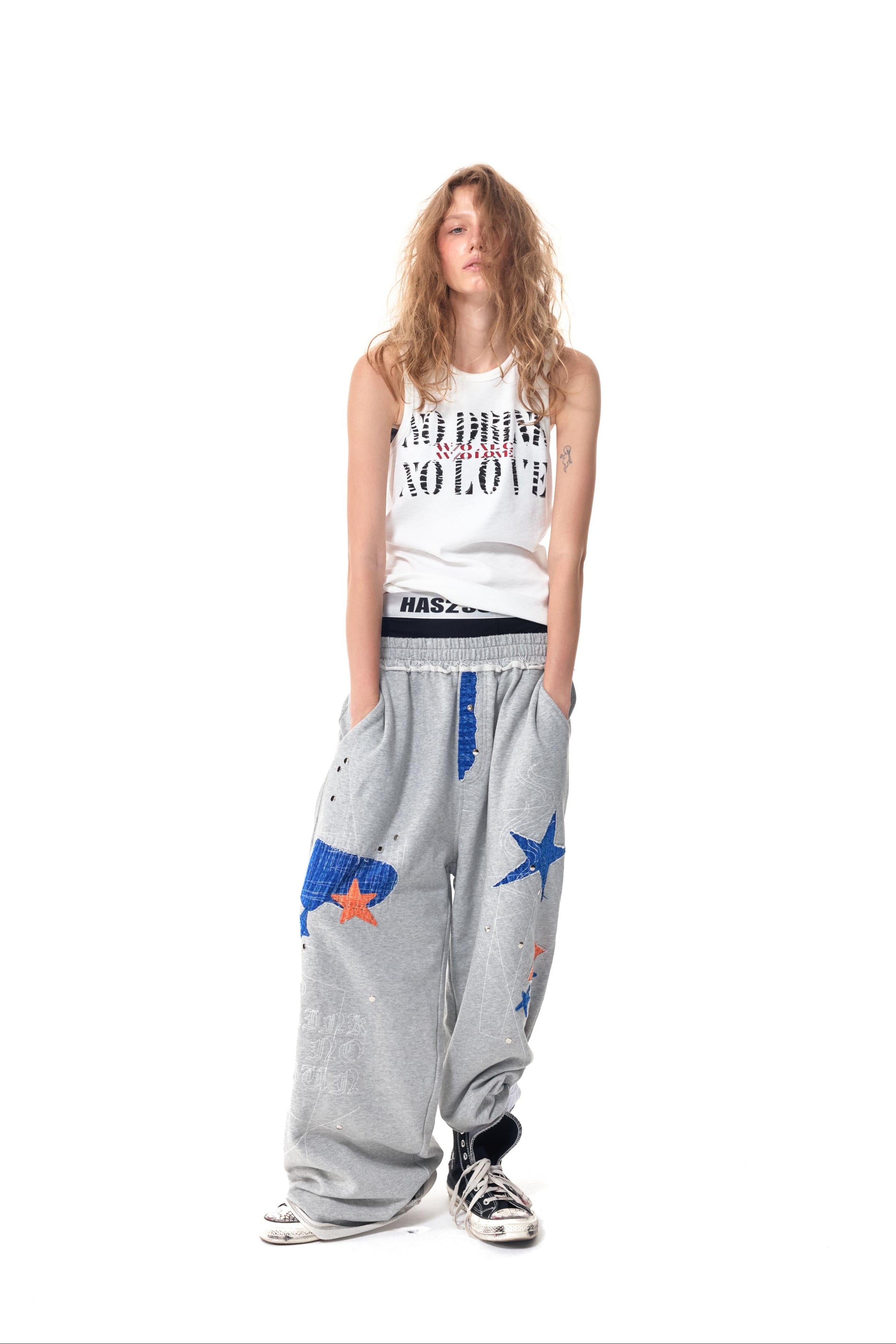 HAS2SONS  Grey Star Patch Rivet Wide Sweatpants 097