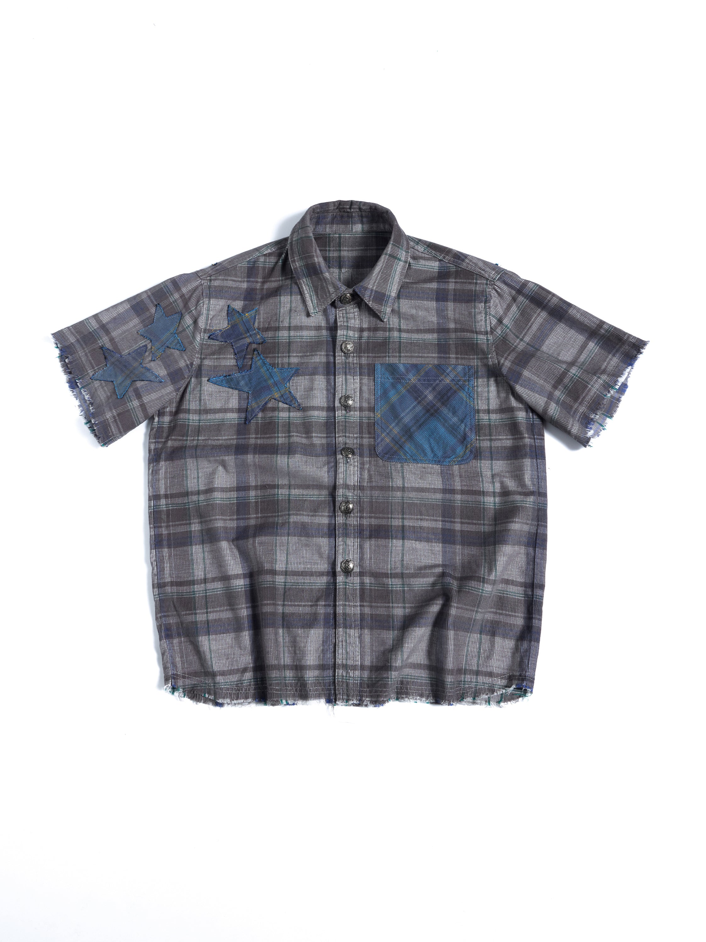 HAS2SONS 26SS Grey Plaid Shirt Star Patch Embroidery Boxy Cropped Oversized Top 100