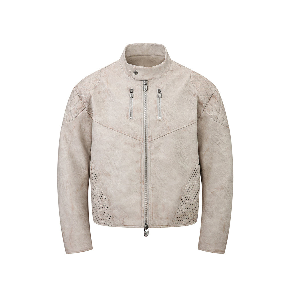 HAS2SONS 25FW gray and white curved knife sleeve leather jacket with 3D glue filling process