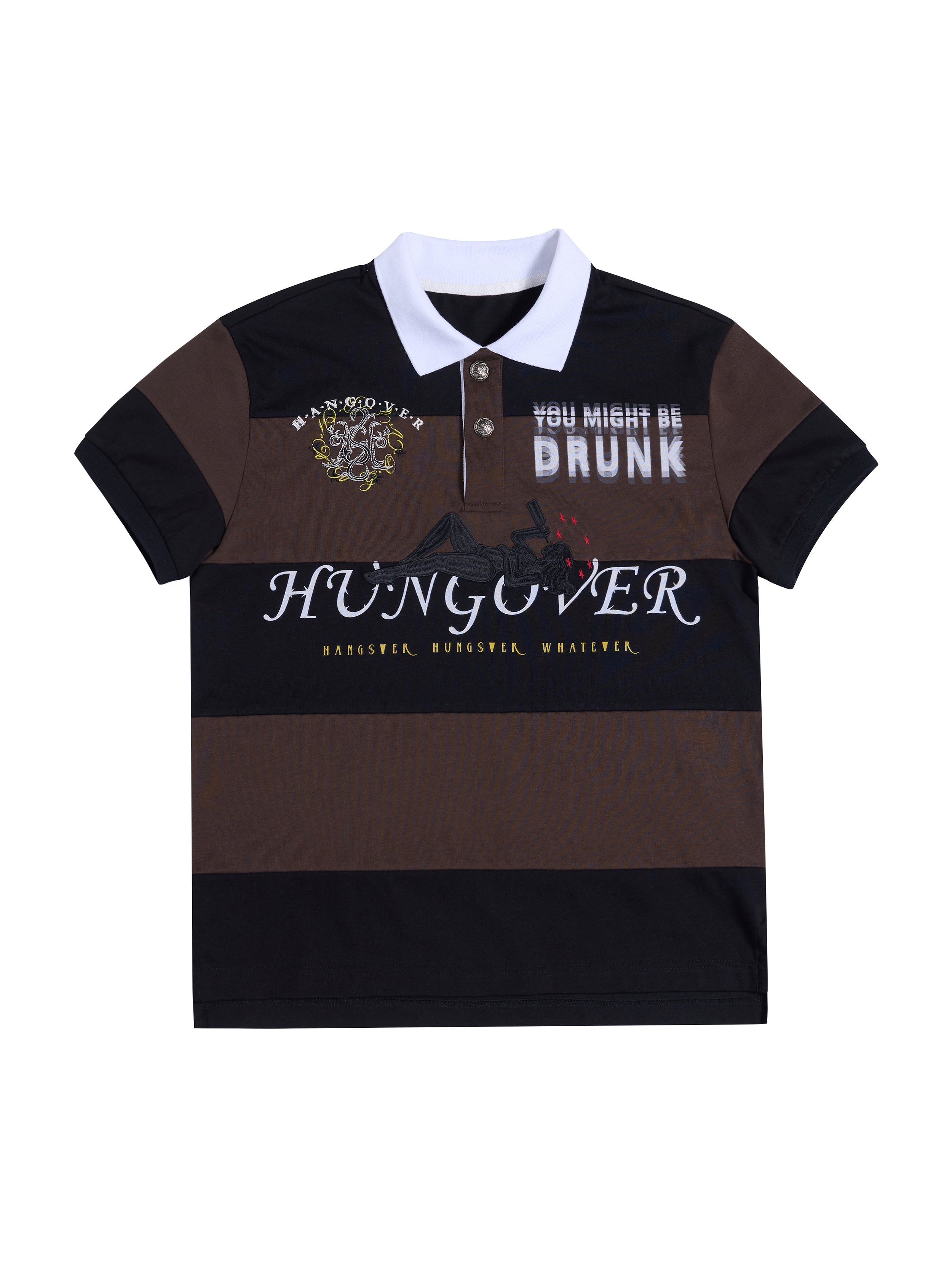 HAS2SONS "Long Island Iced Tea" Drunken Girl Embroidery Striped Contrast Polo Shirt 080