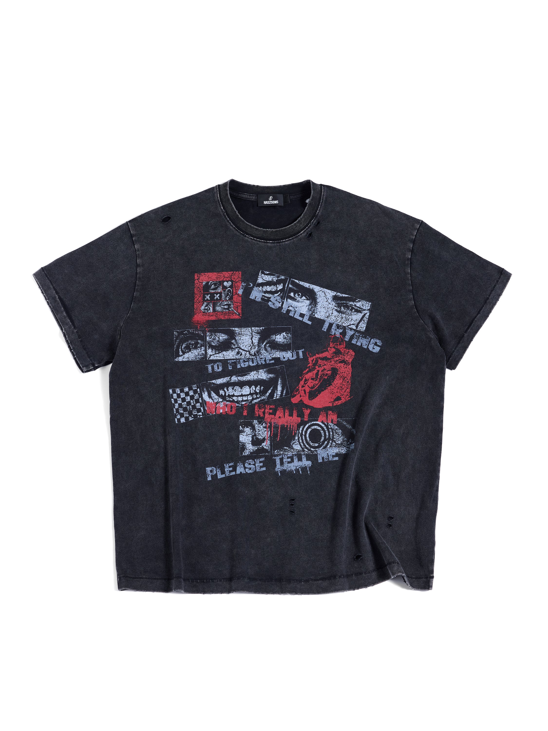 HAS2SONS 26SS "Who I Am"Washed Distressed Crew Neck Tee T-Shirt