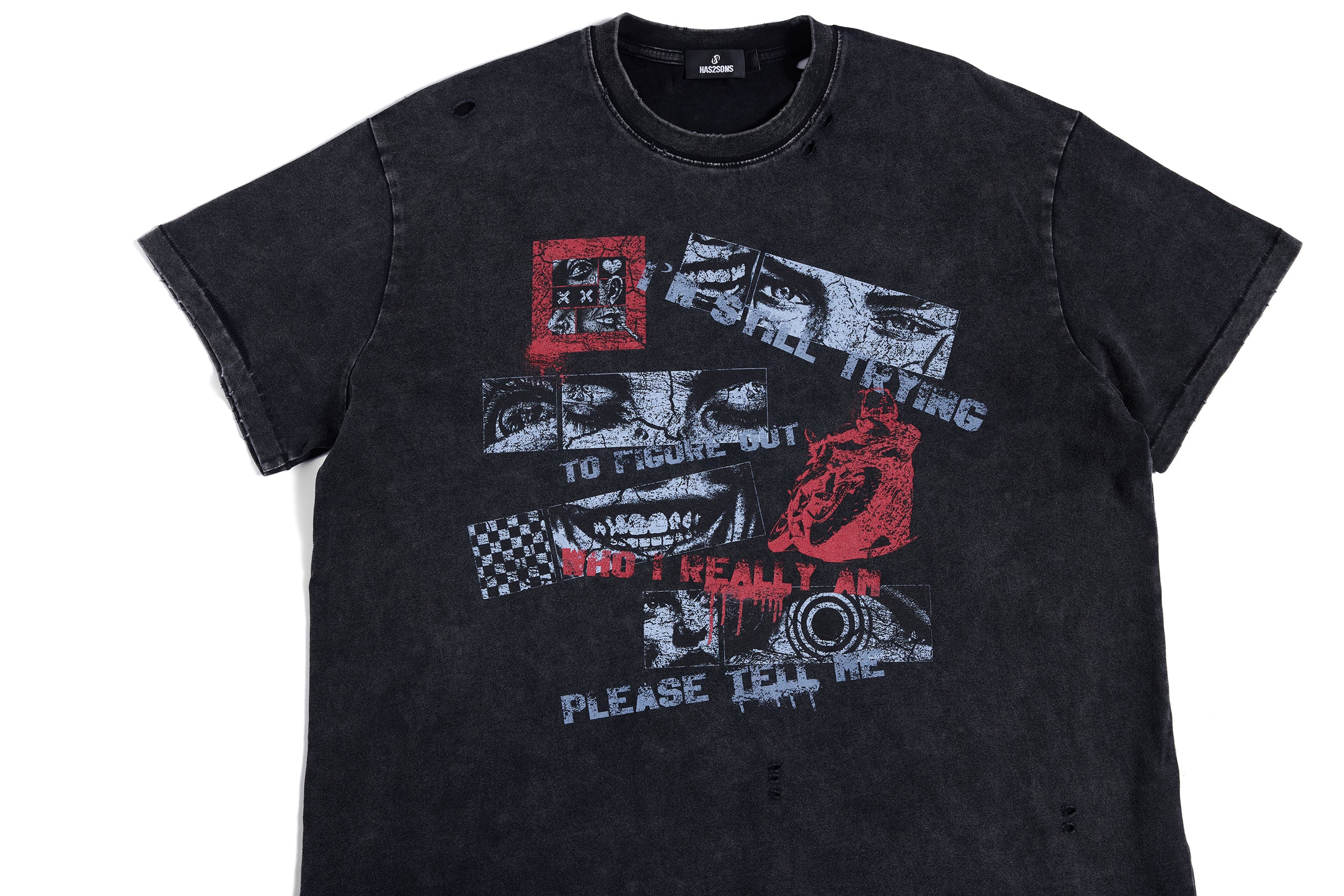 HAS2SONS 26SS "Who I Am"Washed Distressed Crew Neck Tee T-Shirt