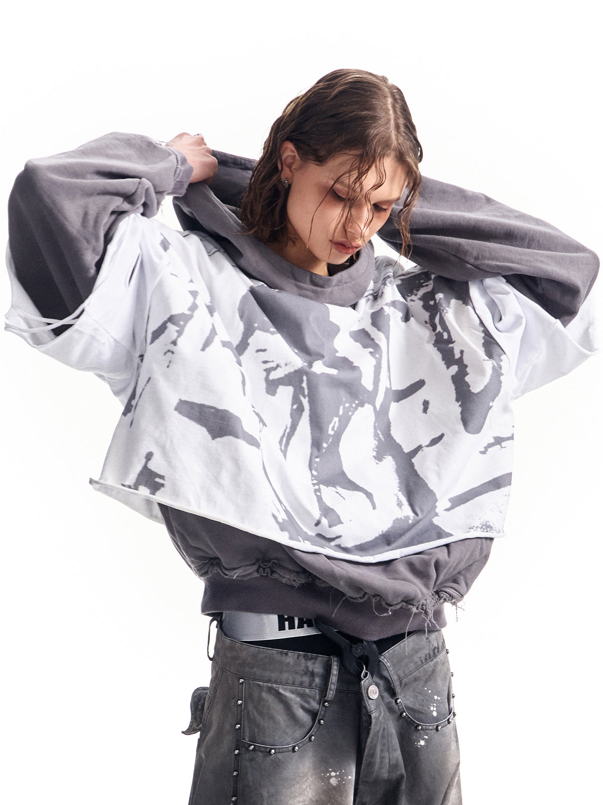 HAS2SONS printed distressed fake two-piece pullover hoodie