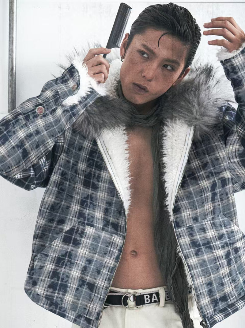 HAS2SONS Thick Blue Grid Lamb Wool Jacket Winter