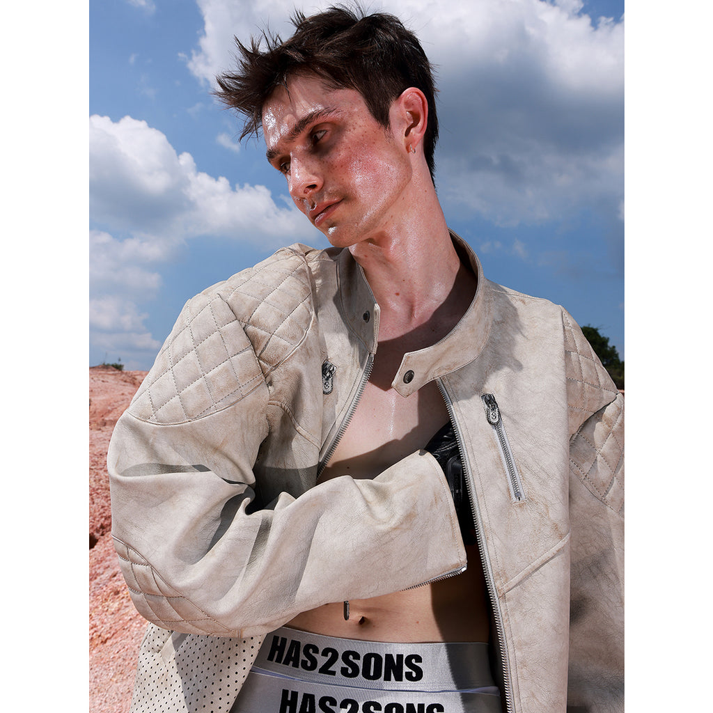 HAS2SONS 25FW gray and white curved knife sleeve leather jacket with 3D glue filling process