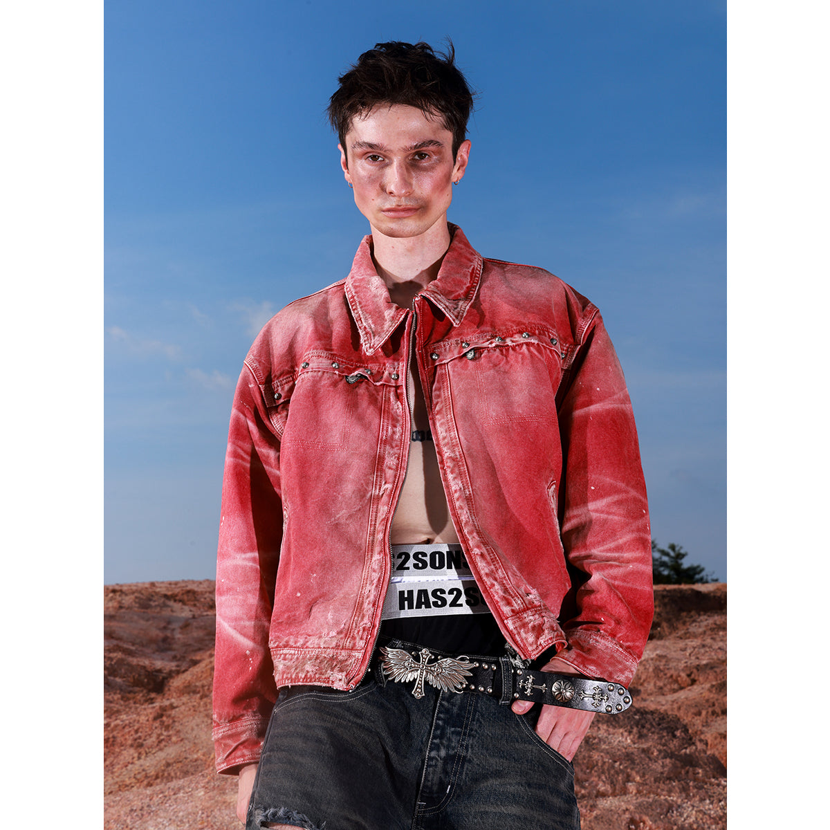 HAS2SONS 25FW Red Detroit washed short and wide jacket with rivets