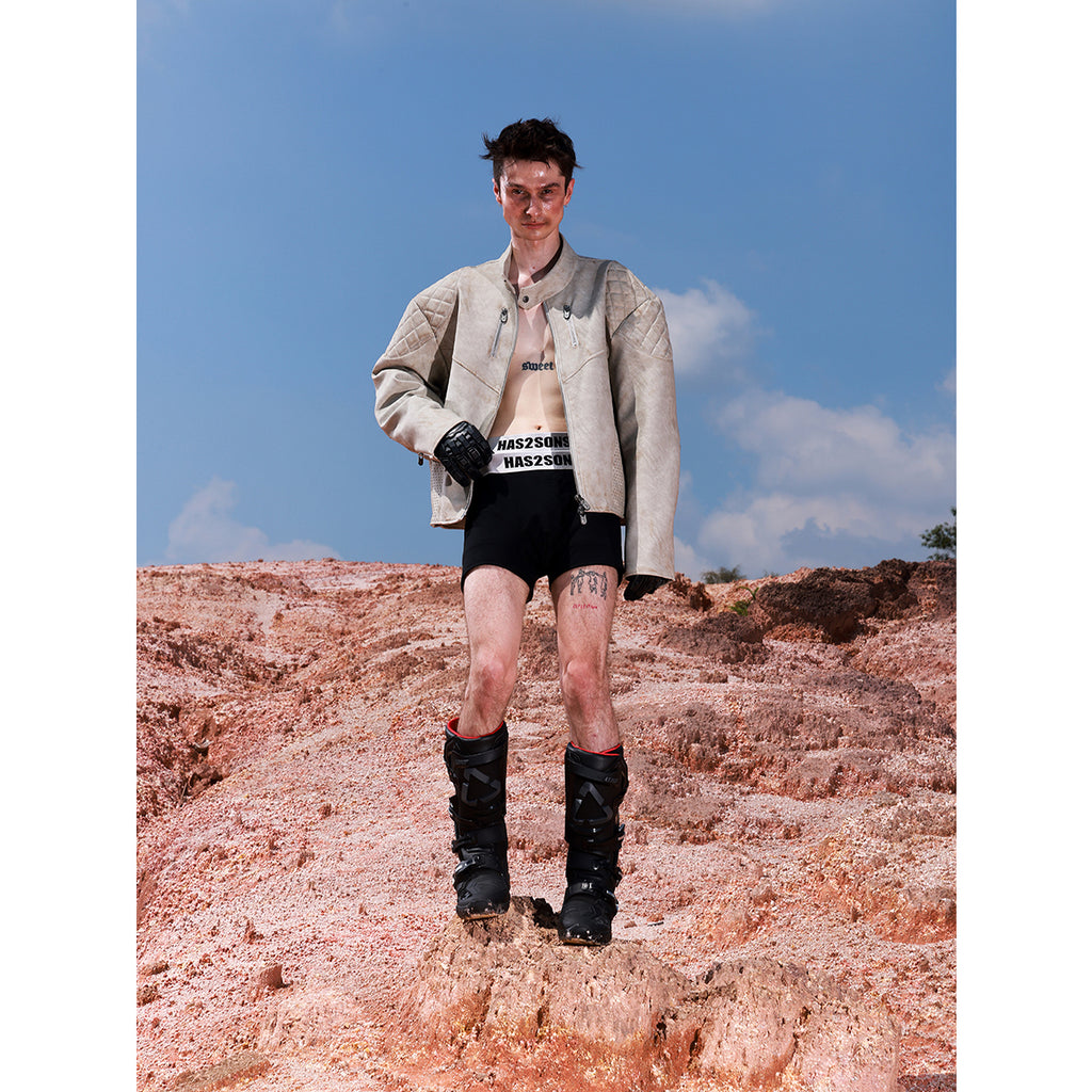 HAS2SONS 25FW gray and white curved knife sleeve leather jacket with 3D glue filling process