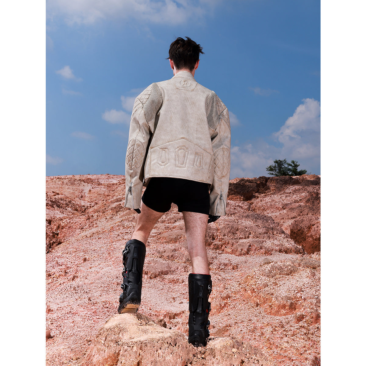 HAS2SONS 25FW gray and white curved knife sleeve leather jacket with 3D glue filling process