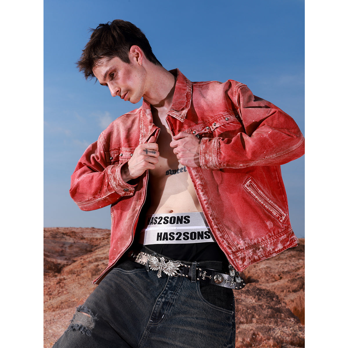 HAS2SONS 25FW Red Detroit washed short and wide jacket with rivets