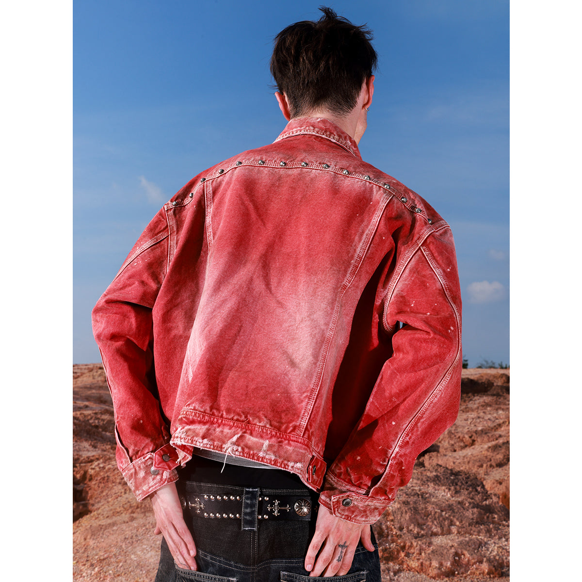 HAS2SONS 25FW Red Detroit washed short and wide jacket with rivets