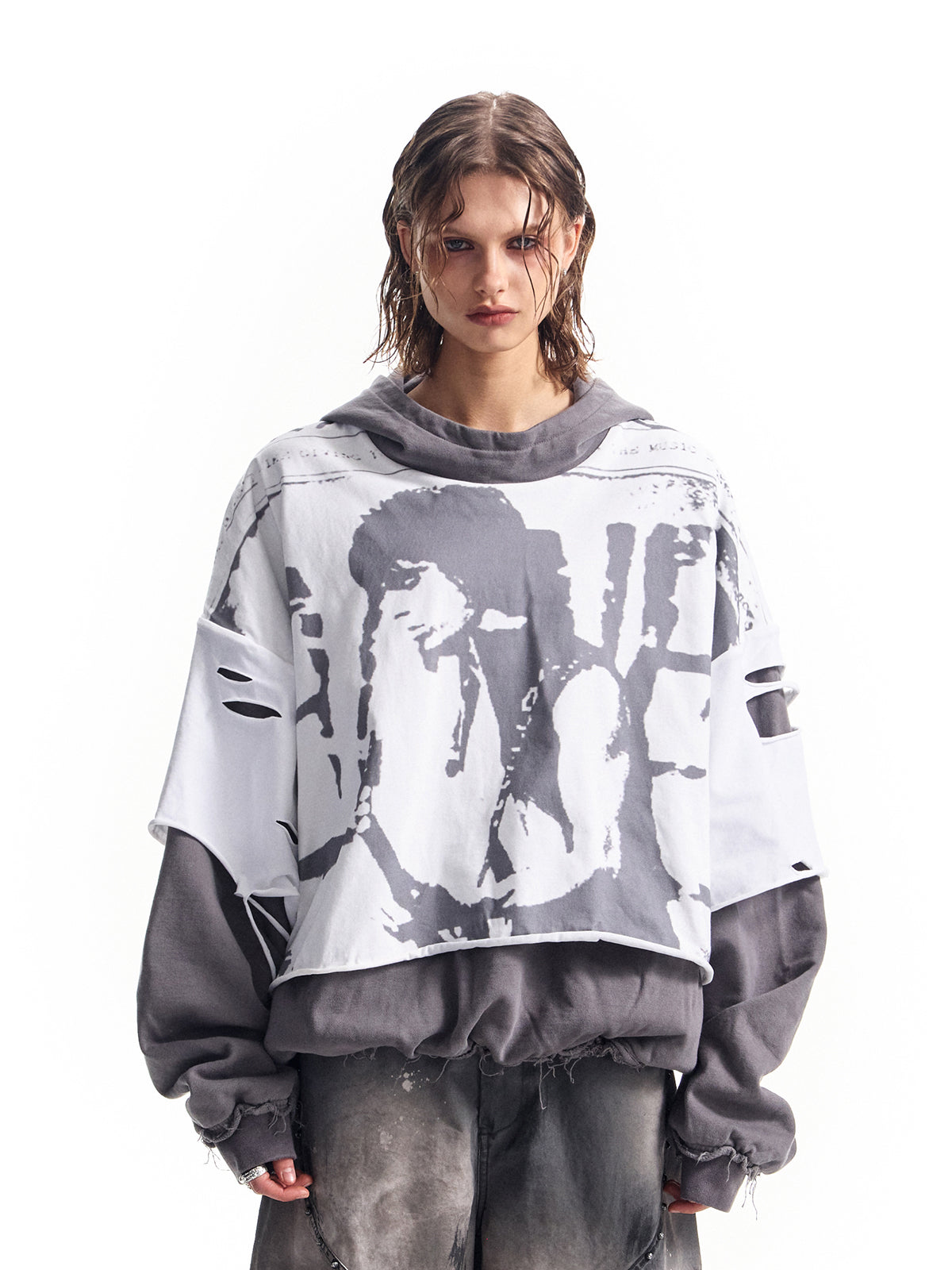 HAS2SONS printed distressed fake two-piece pullover hoodie