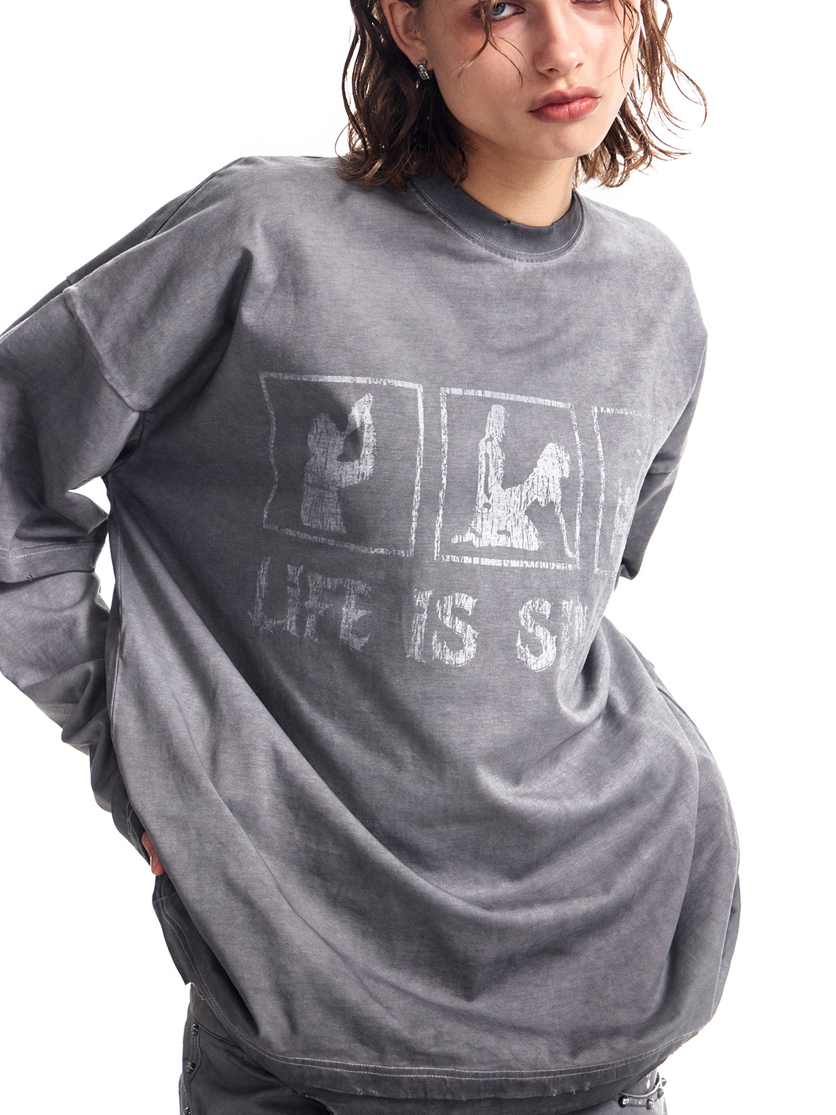 フェイクツー長袖カラーグラデーションルーズトップ