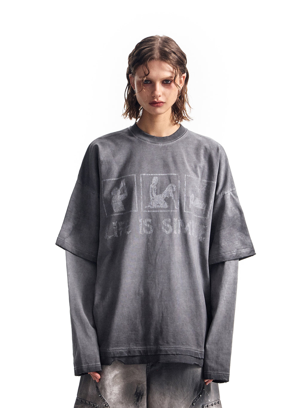 フェイクツー長袖カラーグラデーションルーズトップ