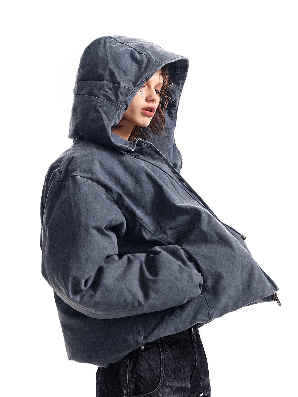 ガソリンブルーのフード付きコットンジャケット、ブレッドジャケット、パールキャンバス、洗濯済み、中古品