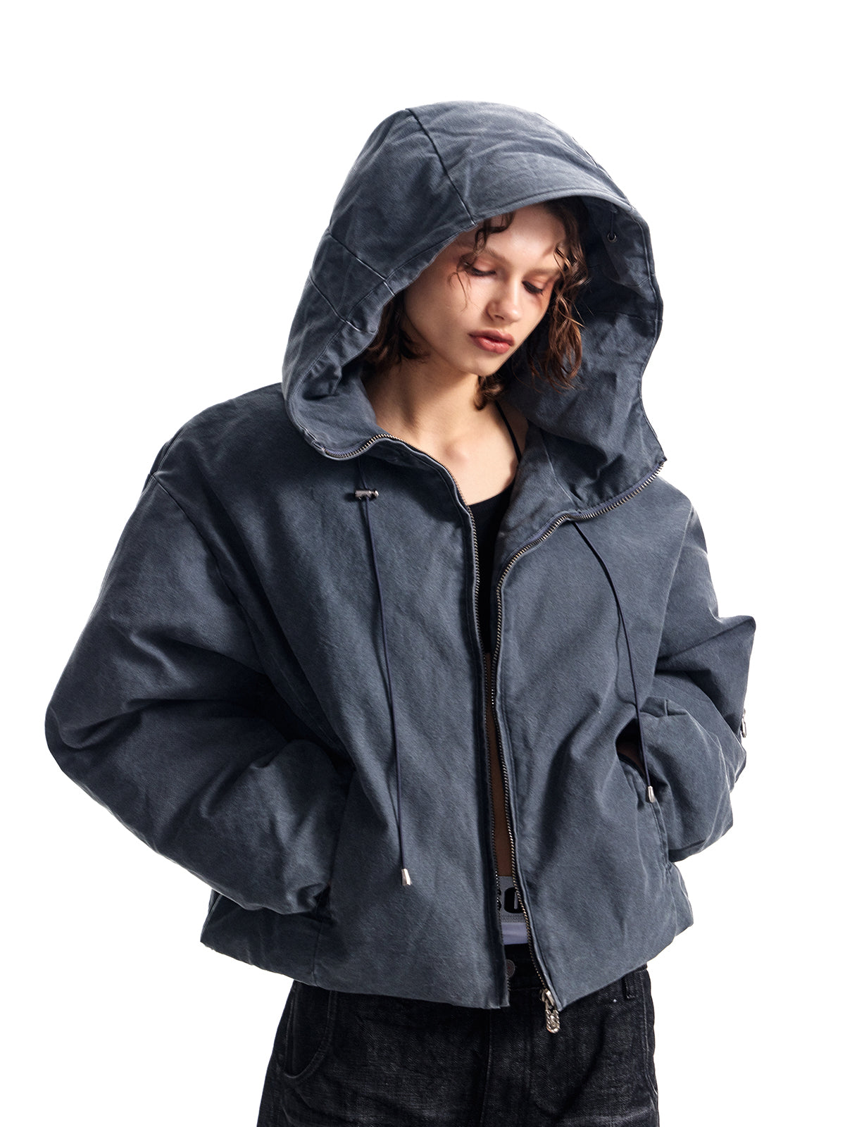 ガソリンブルーのフード付きコットンジャケット、ブレッドジャケット、パールキャンバス、洗濯済み、中古品