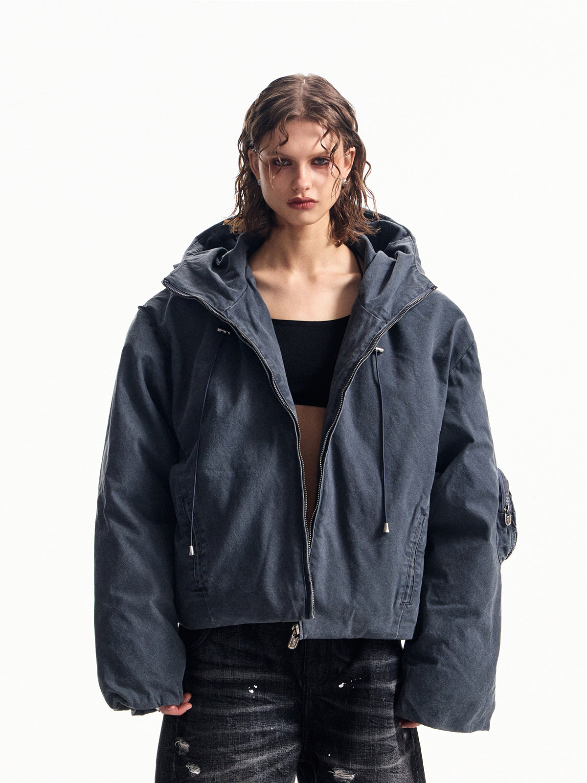 ガソリンブルーのフード付きコットンジャケット、ブレッドジャケット、パールキャンバス、洗濯済み、中古品