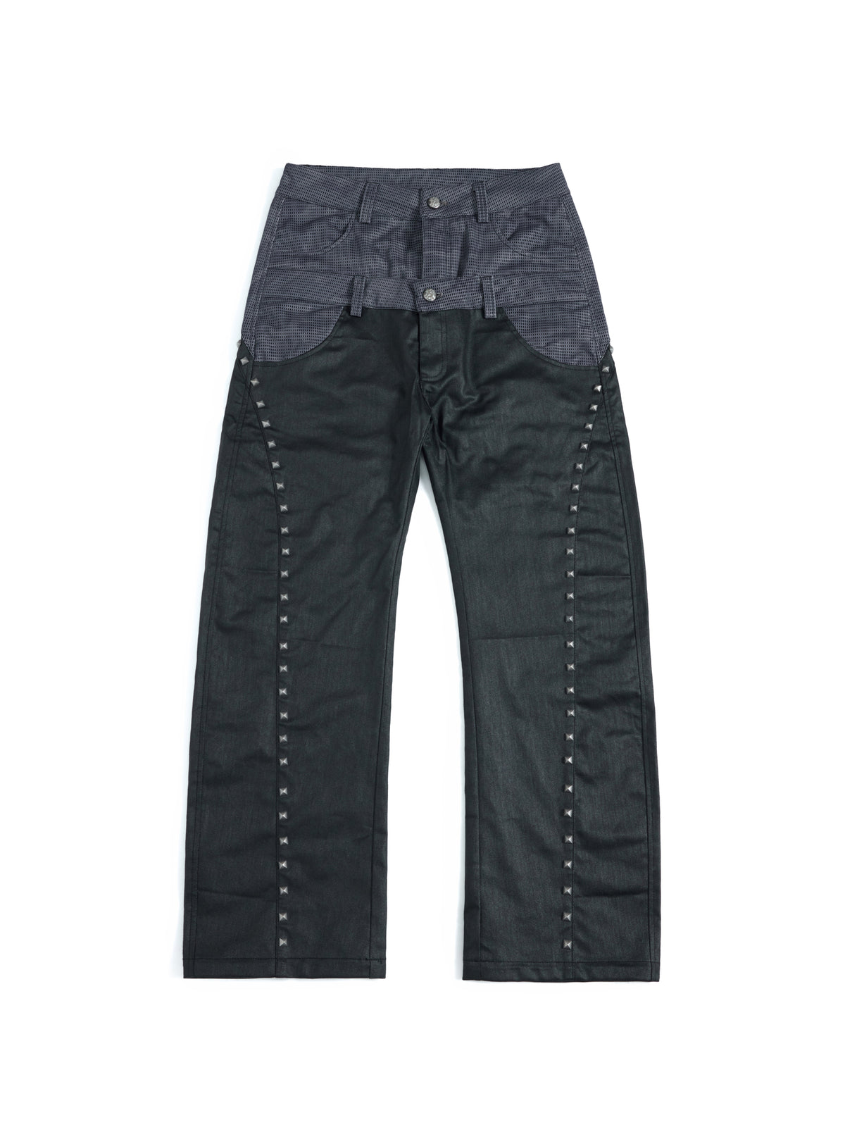 HAS2SONS 26FW  Mesh Camo Waxed Rivet Curved-Leg Jeans
