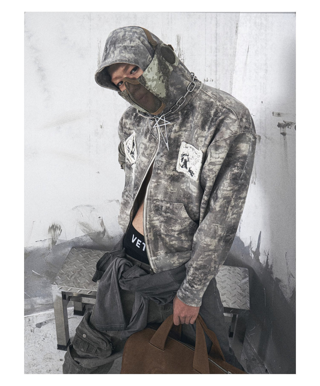 ウォッシュド迷彩パッチワーク刺繍カーディガンパーカー短幅プリントパーカー