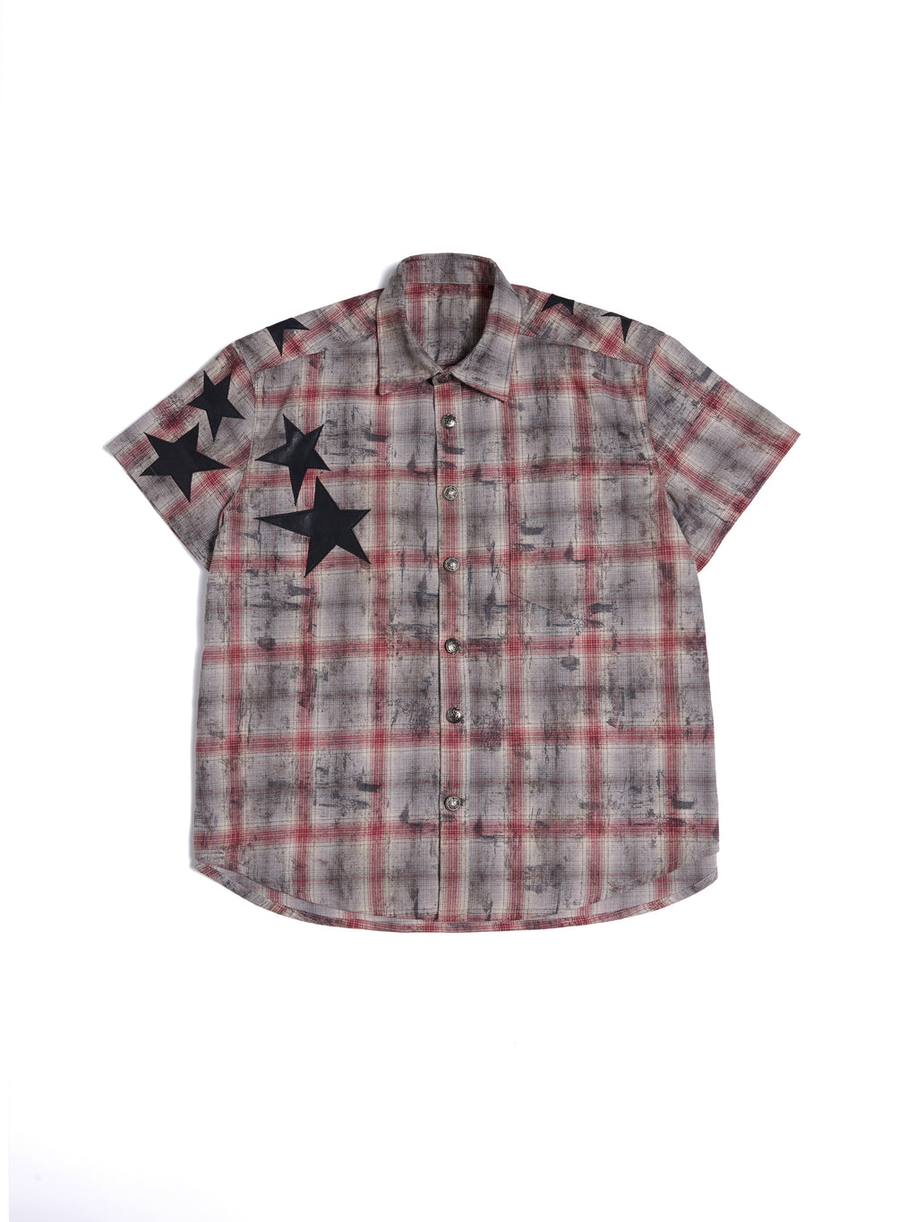 HAS2SONS 26ss Red Grey Plaid Boxy Shirt, Star Patch Embroidered Cropped Street Top 089