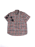 HAS2SONS 26ss Red Grey Plaid Boxy Shirt, Star Patch Embroidered Cropped Street Top 089