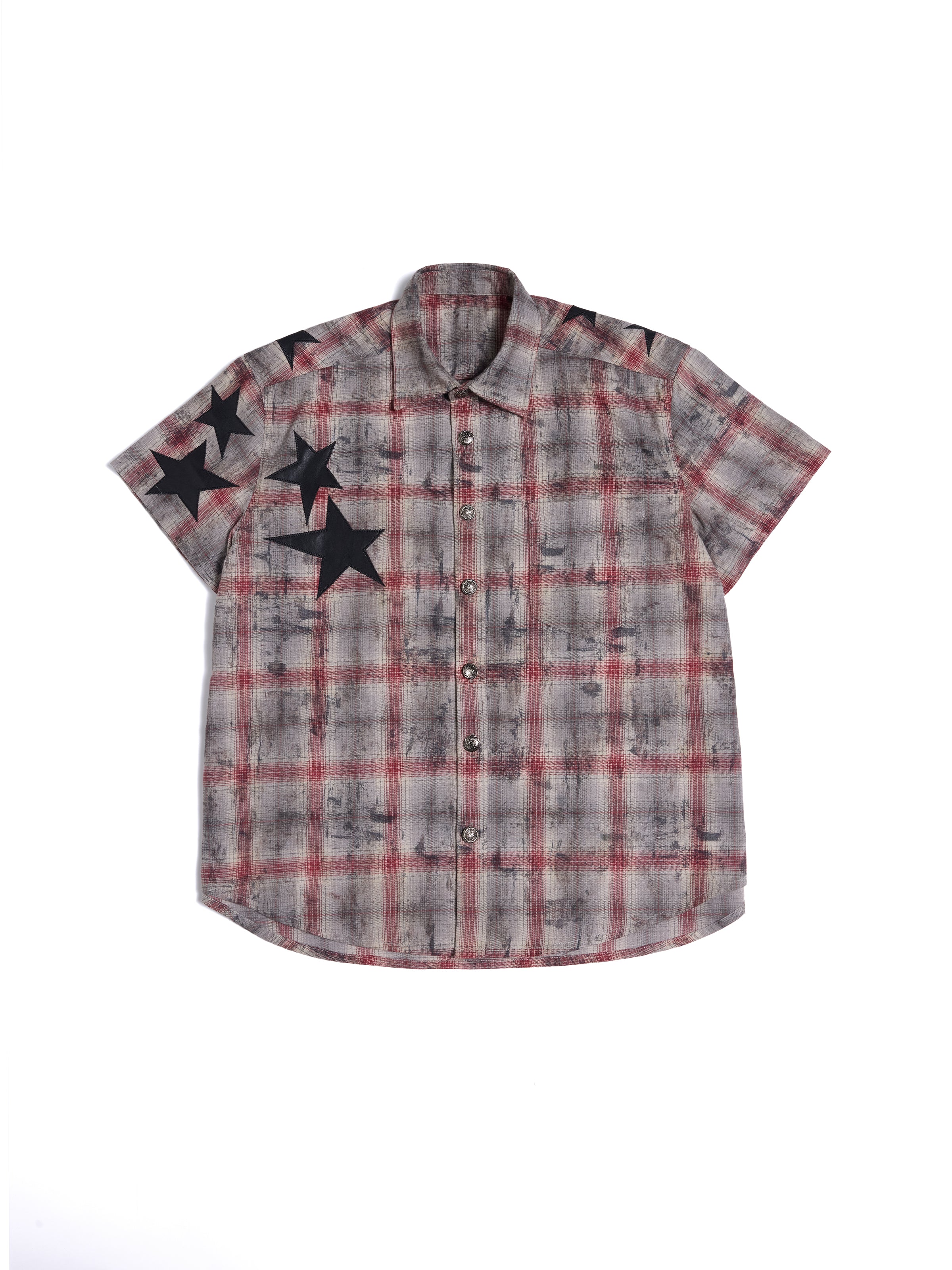 HAS2SONS 26ss Red Grey Plaid Boxy Shirt, Star Patch Embroidered Cropped Street Top 089
