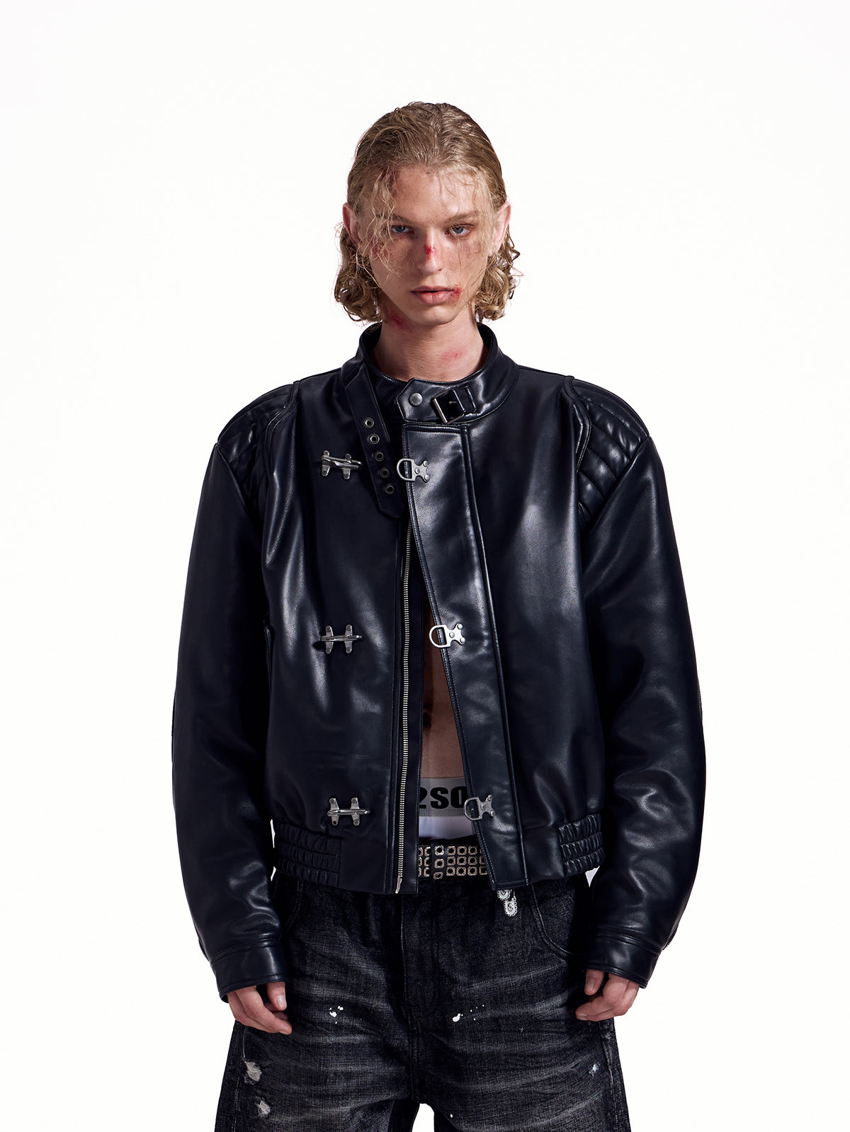 HAS2SONS locomotive rivet embroidered leather jacket