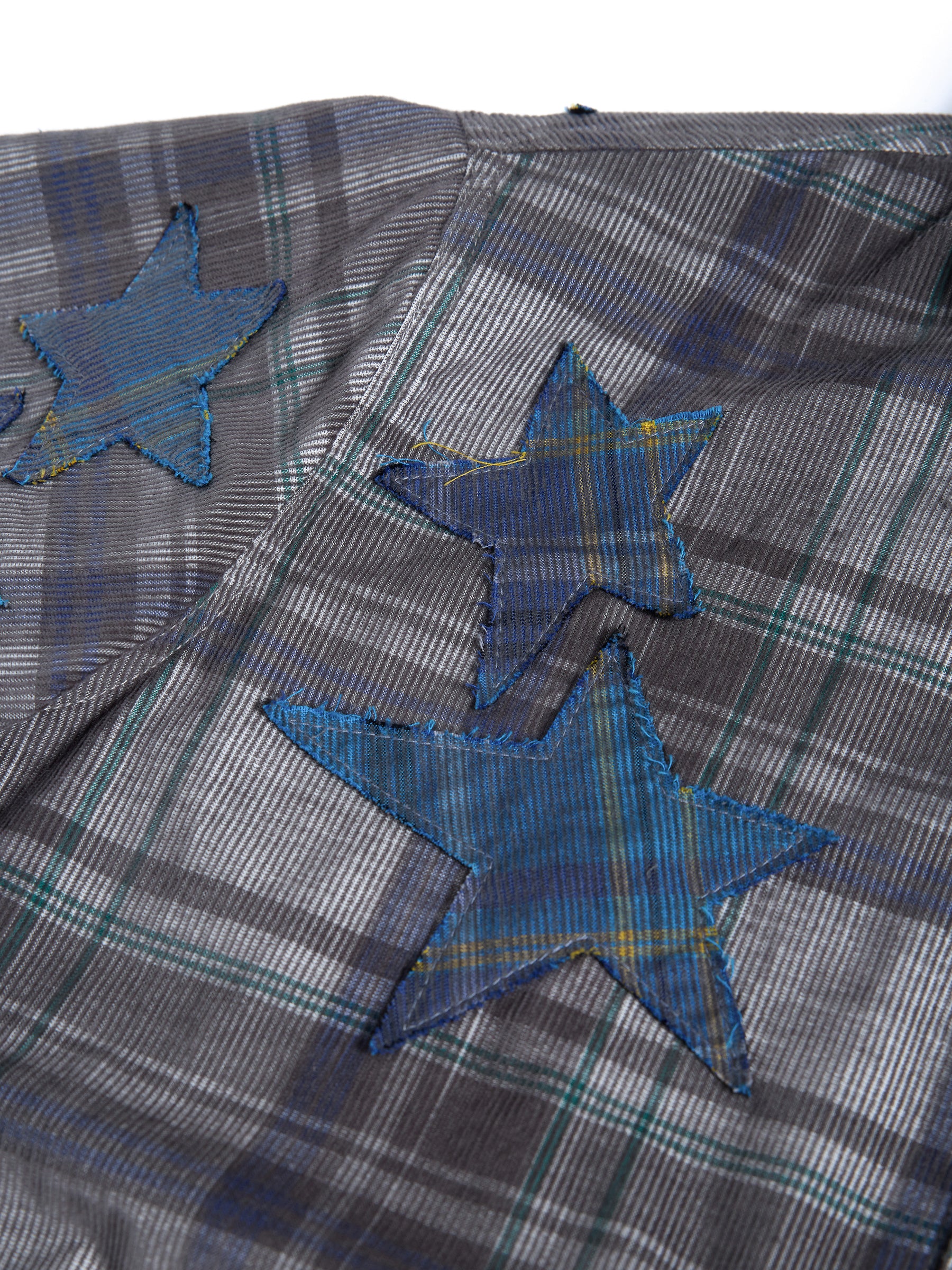 HAS2SONS 26SS Grey Plaid Shirt Star Patch Embroidery Boxy Cropped Oversized Top 100