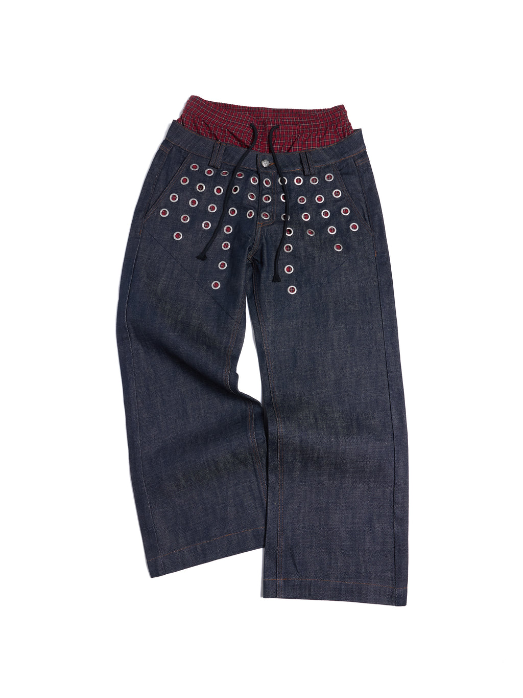HAS2SONS 26SS Eyelet Dual Waistband Fake Two-Piece 14oz Raw Denim Jeans 087