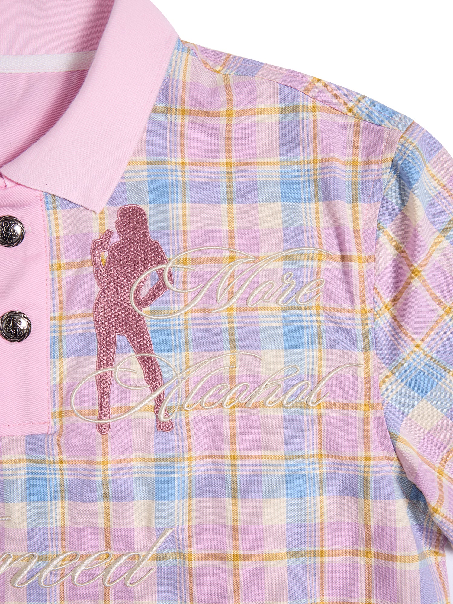 HAS2SONS "Dance Floor High" Pink Plaid Embroidered Printed Polo Shirt 079